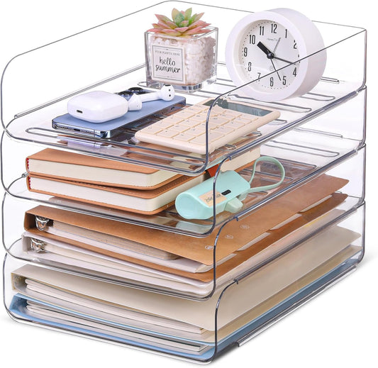 4 Pack Stackable Paper Letter Tray, Clear File Organizer for Desk, Office Organizer and Storage for Desk Accessories, Notes, Books, File Paper, Document