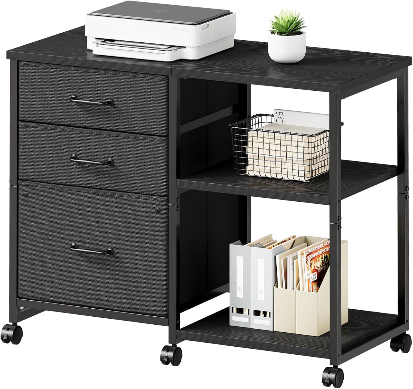 3 Drawer File Cabinet with Wheels Rolling Printer Stand with Open Storage Shelf Fabric Lateral Filing Cabinet for Home Office,Black