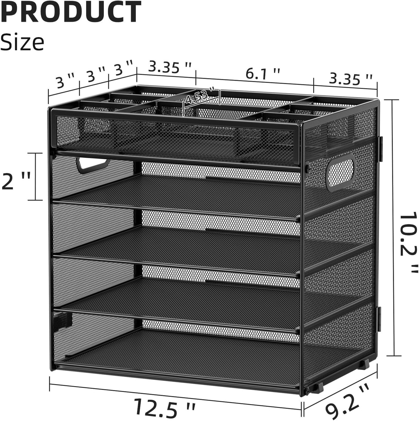 Marbrasse 5-Tier Letter Tray Paper Organizer with Handle, Multi-Functional Mesh File Organizer for Desk, Adjustable Compartments Mesh Desktop Storage for Office Supplies,Black