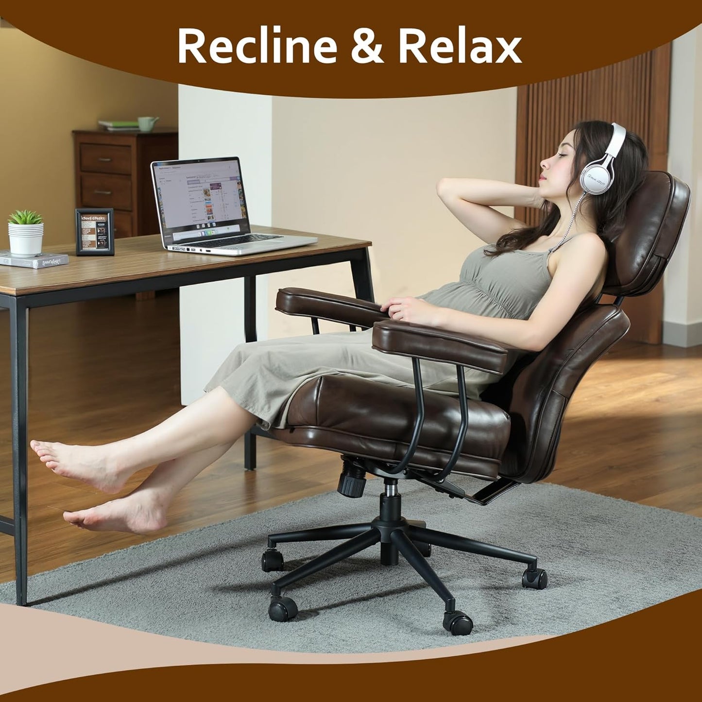 Faux Leather Executive Big and Tall Office Chair - Reclining Task Swivel PC Chair with Lumbar Support, Dark BrownPU