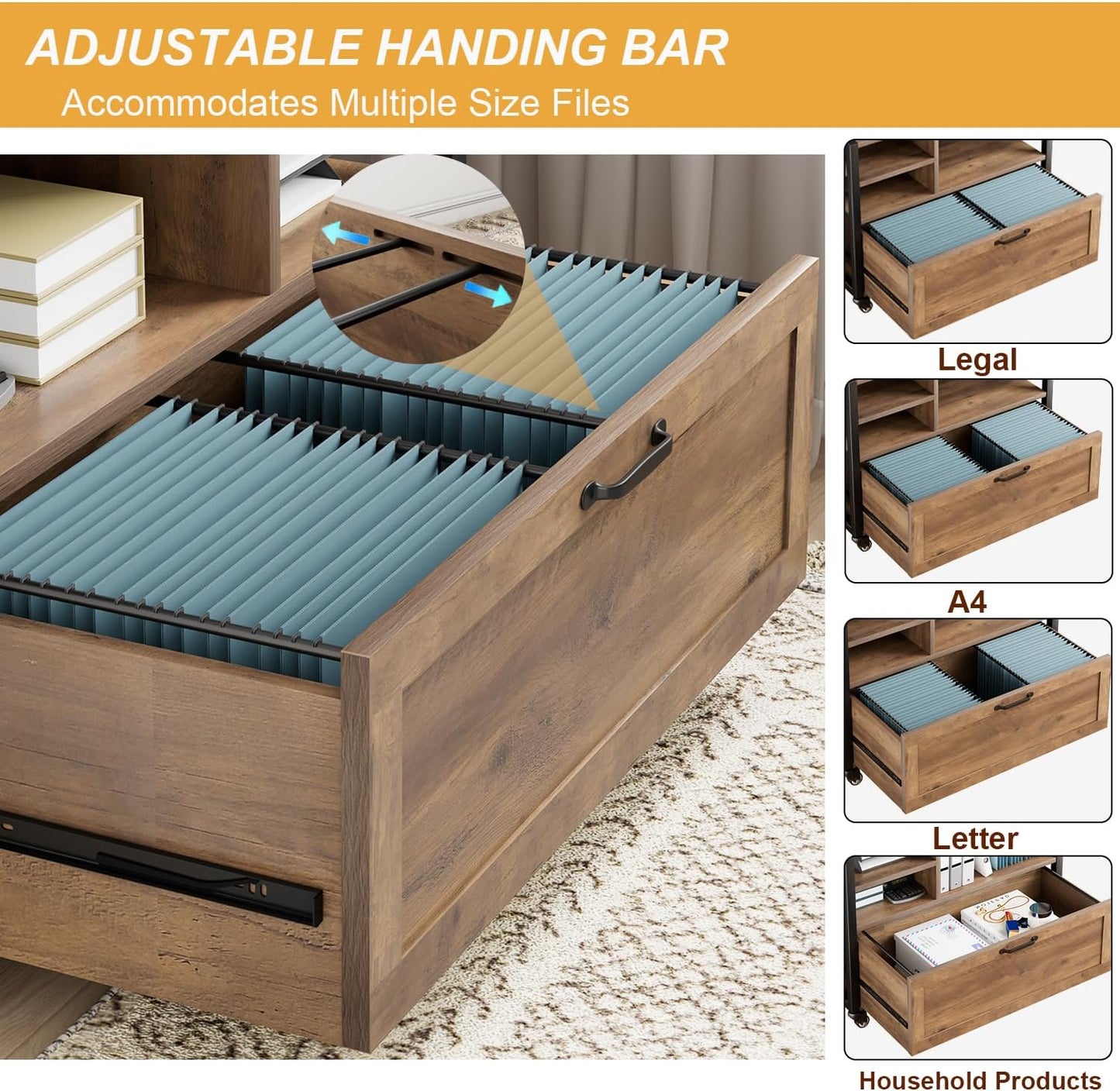 HSH Mobile Lateral File Cabinet with Drawer, Rolling Filing Cabinet for LegalLetter Size, Printer Stand with Storage Shelf, Lockable Wheels, Hanging File Organizer for Home Office, Rustic Oak, 33Inch