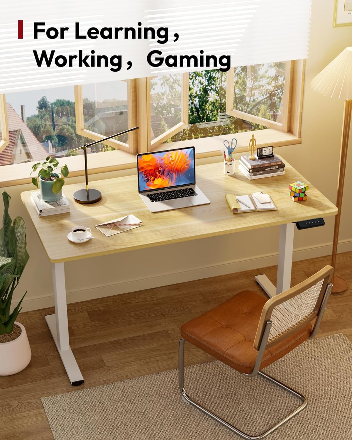 SANODESK Electric Standing Desk 40 x 24 Inches Whole-Piece Desktop Height Adjustable Stand Up Desk w/6-Button Controller Ergonomic Computer Desk for Home Office, White Frame + Natural Tabletop