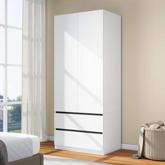 White Wardrobe Closet with Doors: 75" Large Capacity Bedroom Armoire, Wooden Cabinet with 2 Drawers, Hanging Storage Shelves with Hanging Rod (Contemporary, 1)