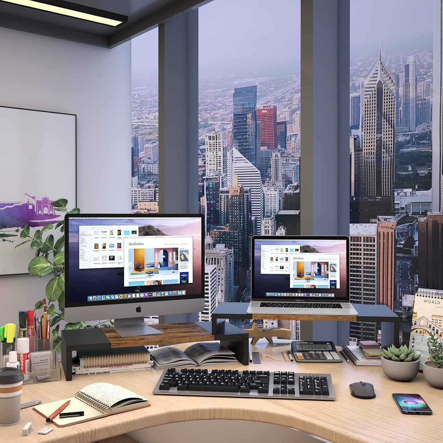 WESTREE Dual Monitor Stand - Riser 2 Shelf Computer with Adjustable Length and Angle, Stands for Monitors, Desktop Organizer PC, Computer, Laptop