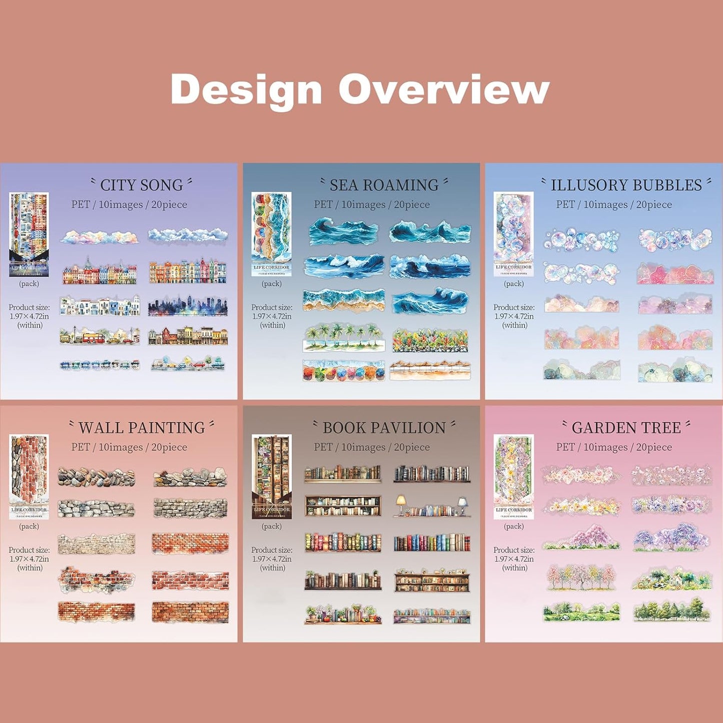 PET Scrapbook Stickers Set, 120PCS Journaling Supplies with 6 Themes Book Wall Ocean City Tree Bubble Decorative Stickers for DIY Crafts and Planners