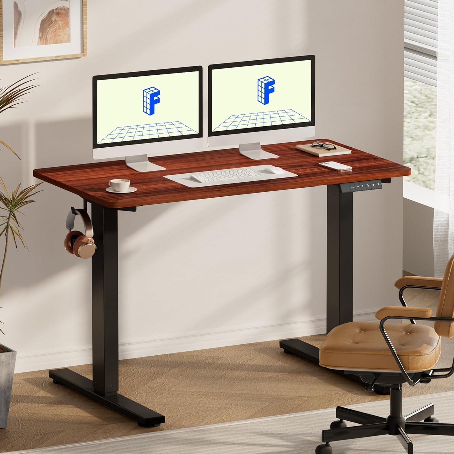 FLEXISPOT EN1 Whole-Piece Standing Desk - 55 x 28 Inches Electric Stand Up Workstation, Home Office Computer Height Adjustable Desk (Black Frame + 55" Mahogany Top, 2 Packages)