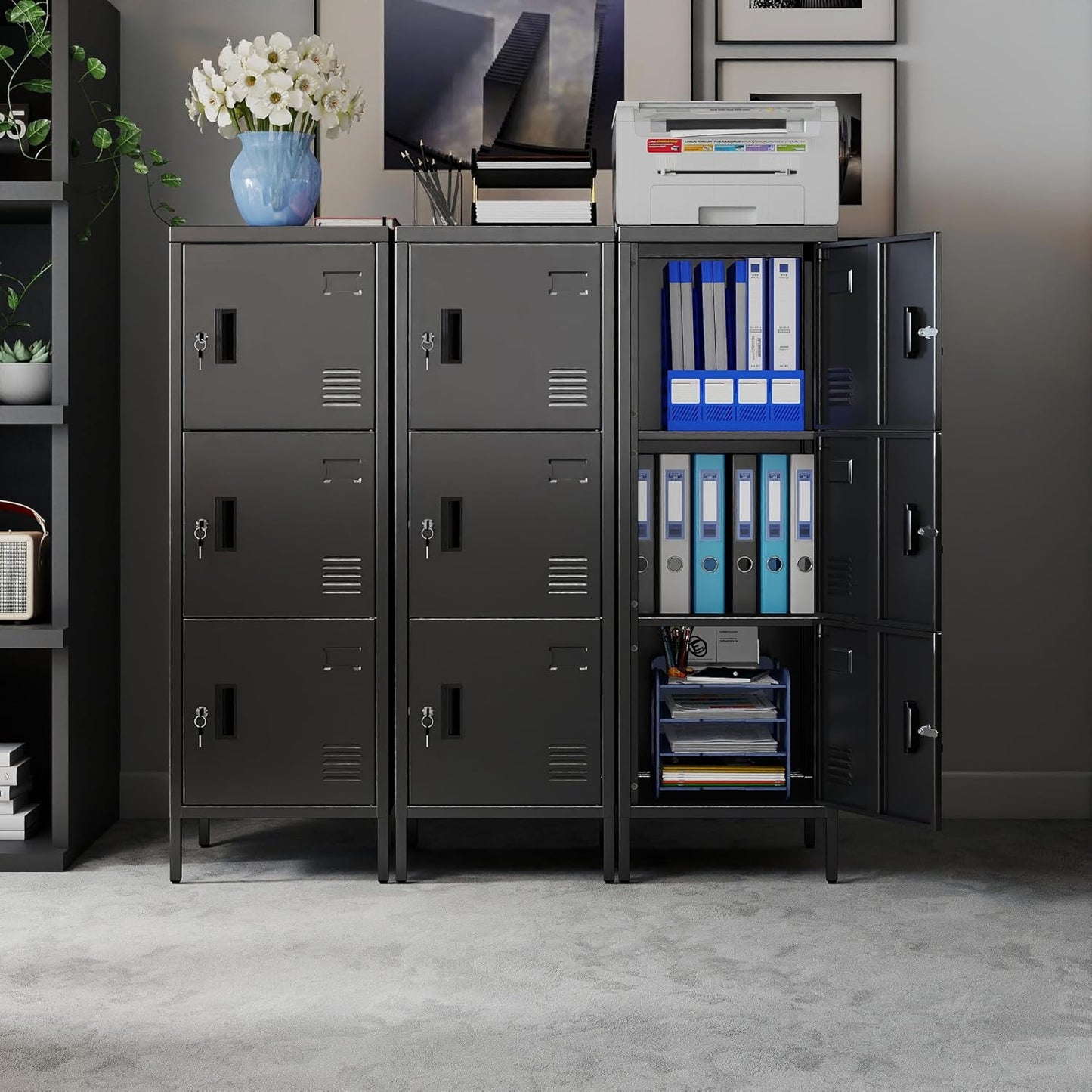 Metal Locker with Ventilation Holes, Metal Storage Cabinet with Lock and Card Slof for Home,School, Office, Gaeage,47.3" H x 15.8" W x 15.8" D,Assembly Required,Black