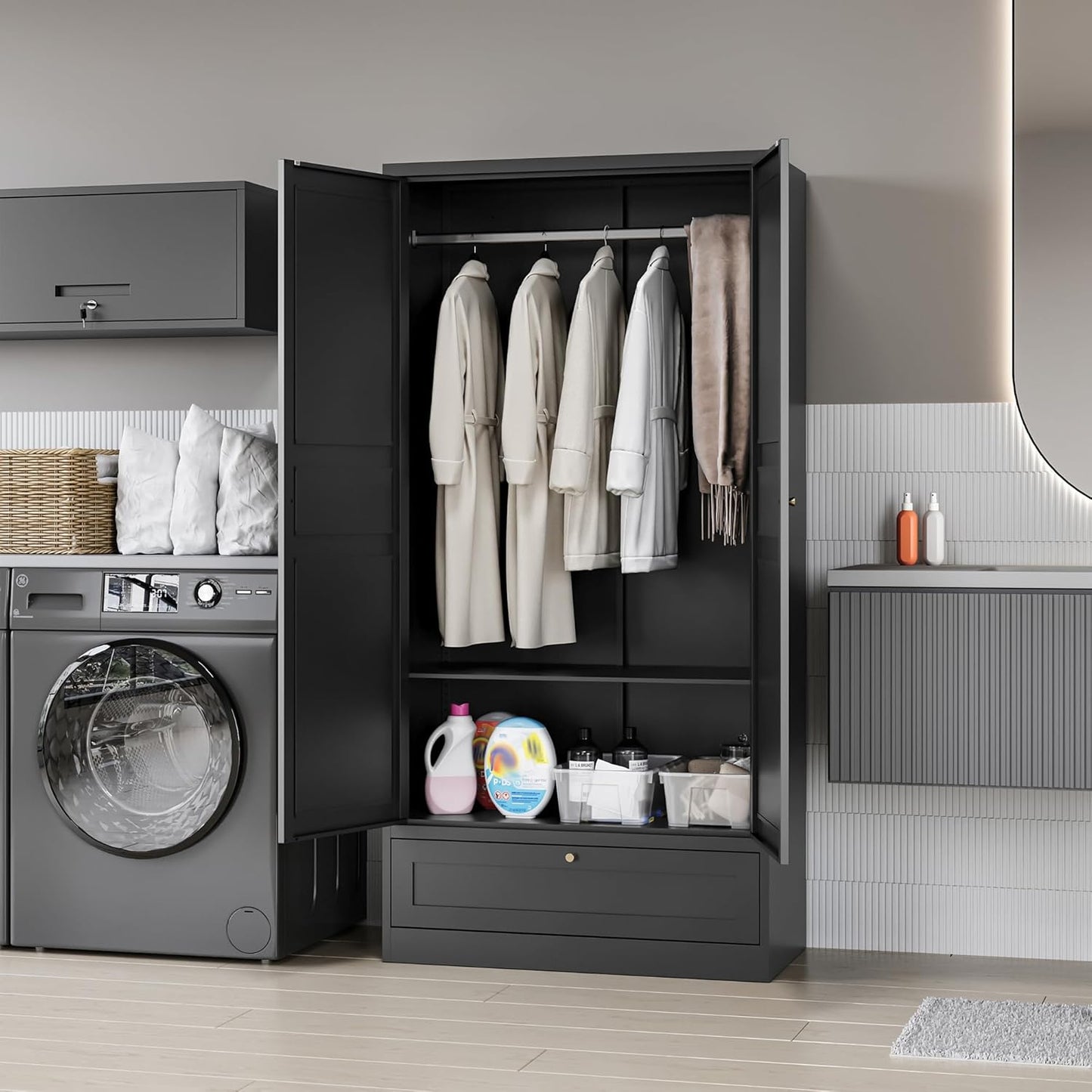 MIIIKO Wardrobe Closet with Drawer, 2 Doors Clothes Cabinet, 72" Metal Storage Cabinets with Hanging Rod and Shelf, Bedroom Armoires Laundry Room and Office Clothes Storage Organizer Cabinets