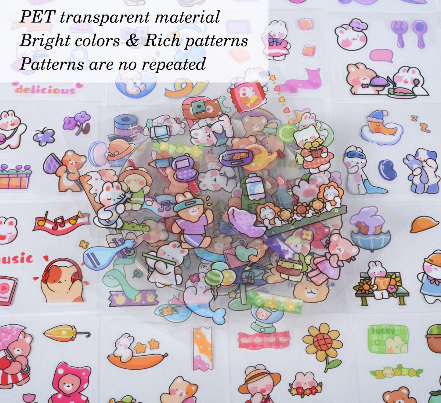 Kawaii Cute Journaling Scrapbook Stickers - 100 Sheets Cartoon Transparent Sticker for Junk Journal Stationary Planner Album Calendars Supplies Notebook DIY Craft Decor