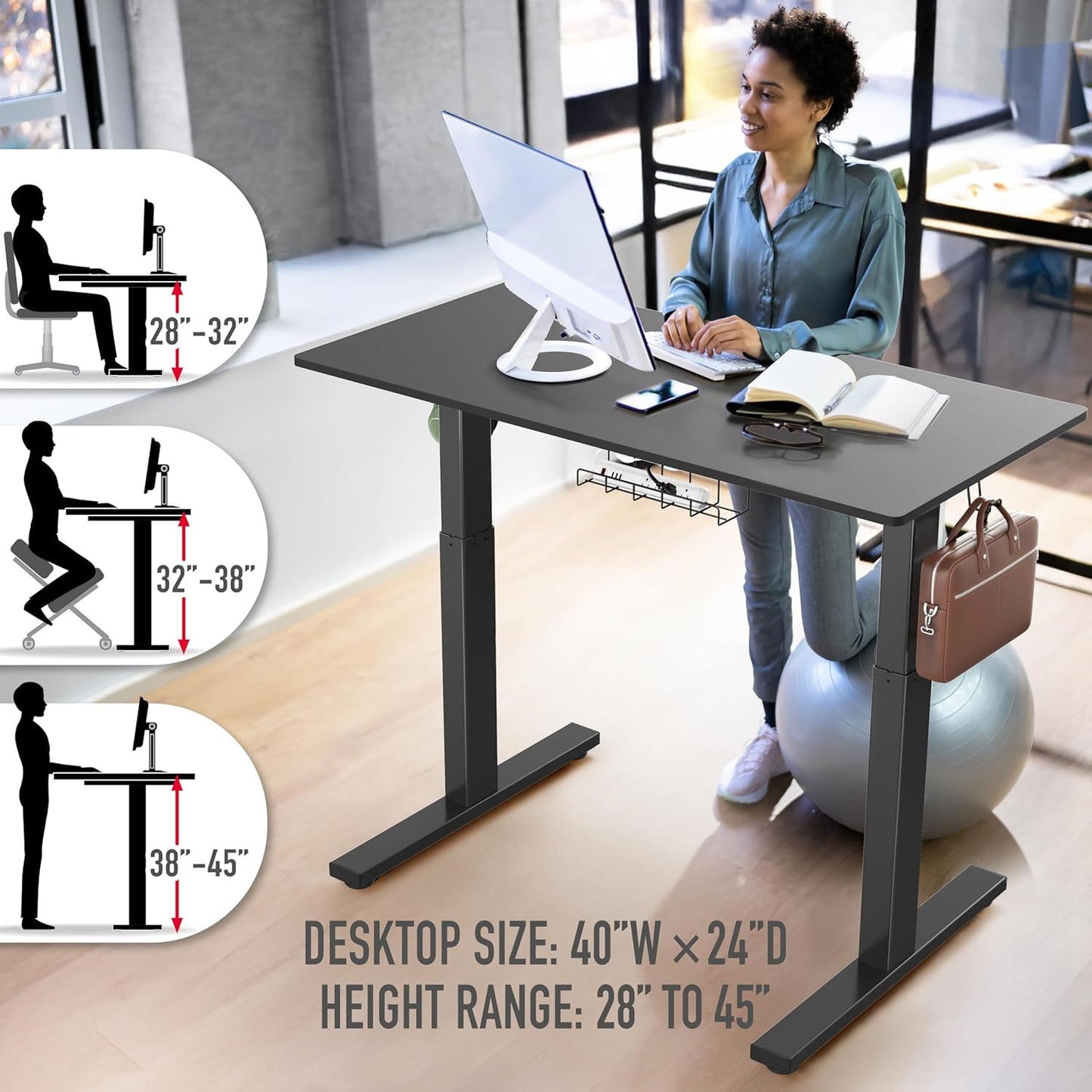 SHW 40-Inch Electric Height Adjustable Standing Desk with Drawer, Memory Preset and Cable Management Tray, Black