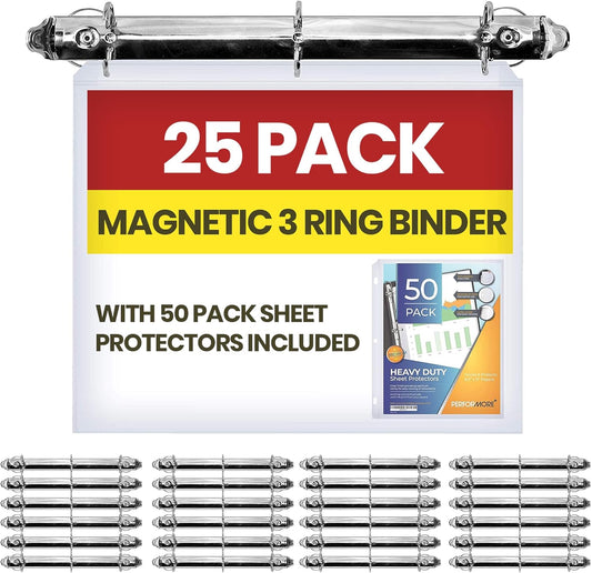 Magnetic Ring Binder Locking Mechanism, 1" D Shaped Rings, 25 Pack - for Hanging 8.5" x 11" Sheets, 225 Sheet Capacity, 50 Protectors Included
