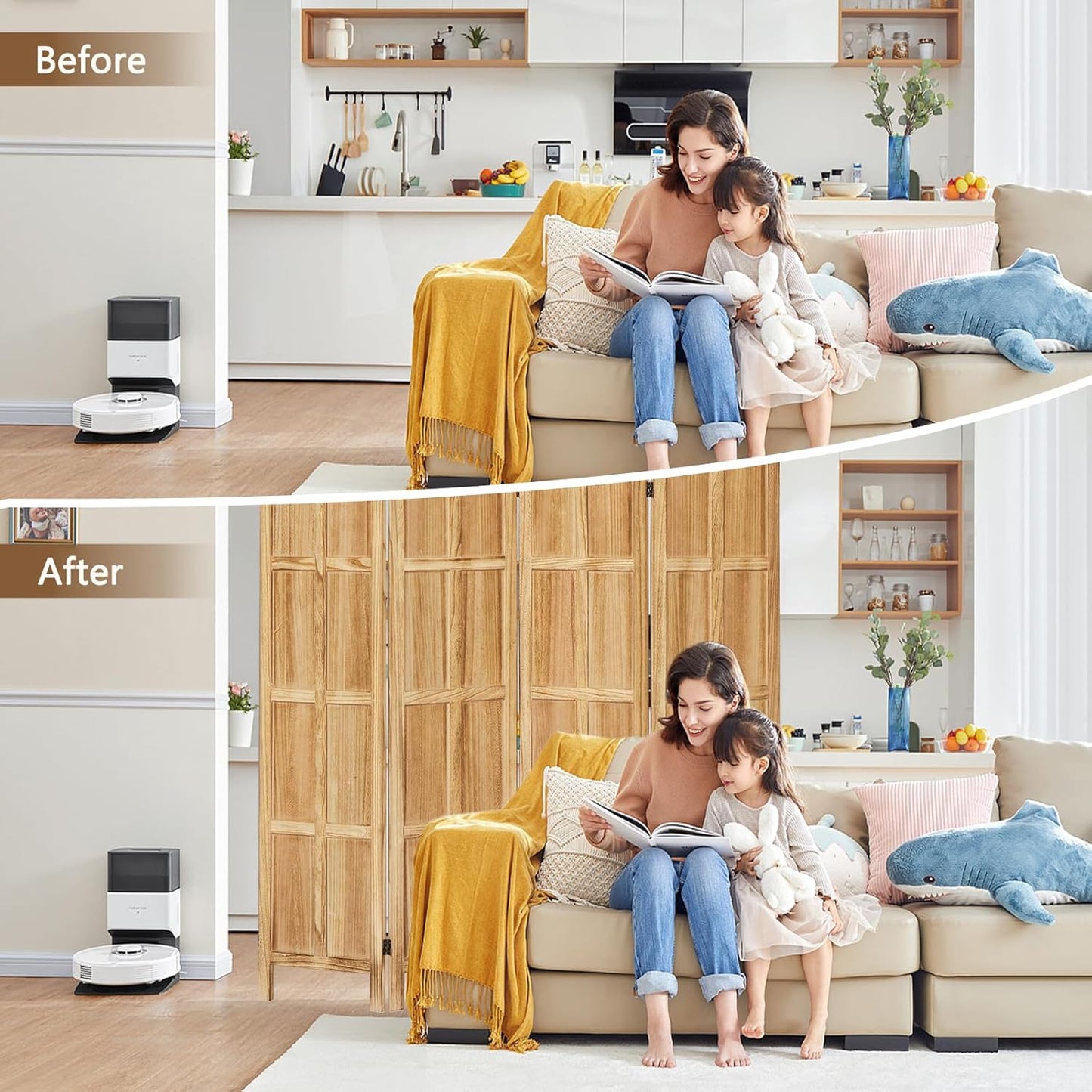 4 Panel Room Divider, 5.6Ft Wood Room Dividers and Folding Privacy Screens, Room Divider Wall Freestanding, Room Dividers Screen for Home Office Restaurant Bedroom, Light Brown