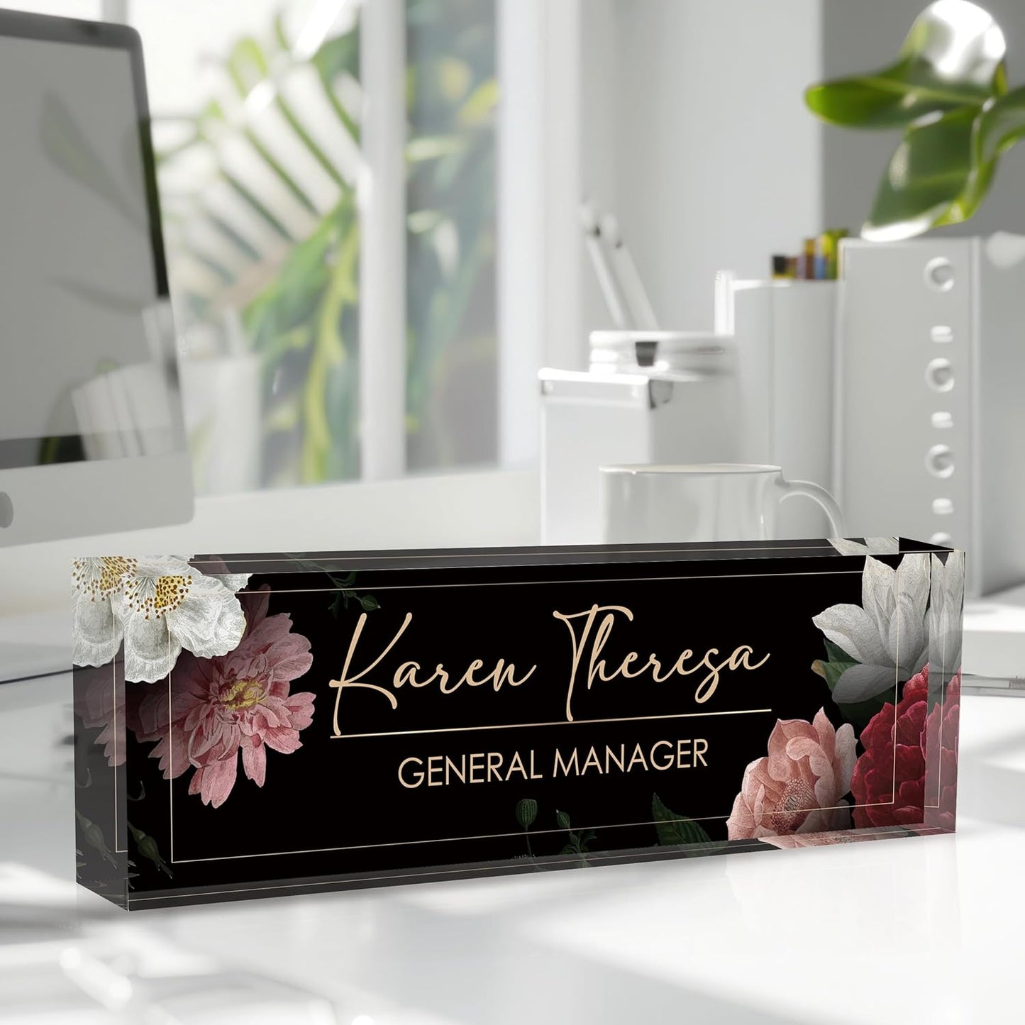 Custom Office Name Plate, Personalized Gifts for Women & Men, Appreciation Gifts for Employees, Boss, Teacher - Office Desk Accessory (Hibiscus Flower)