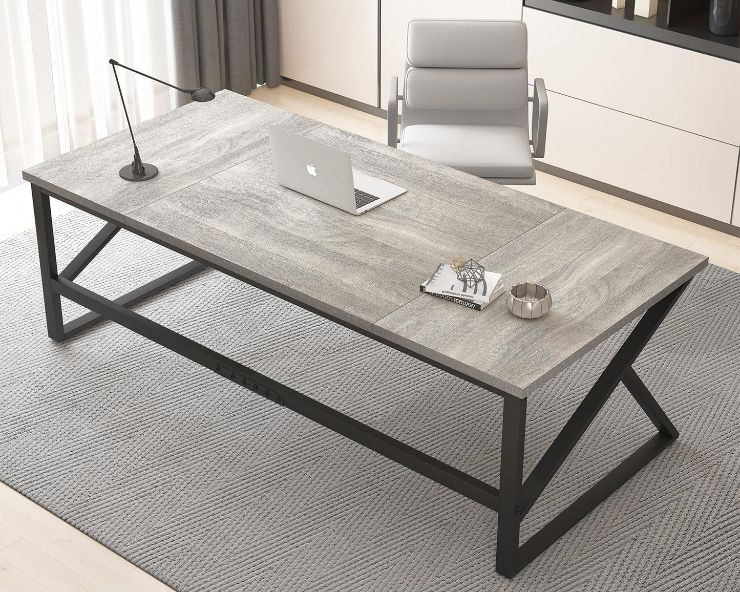 HSH 70 Inch Long Grey Desk, Large Home Office Computer Desk for 2 People, Industrial Wood and Metal Executive Work Writing Study Gaming Desk Table, Modern Bedroom Simple PC Laptop Desk Double Desk