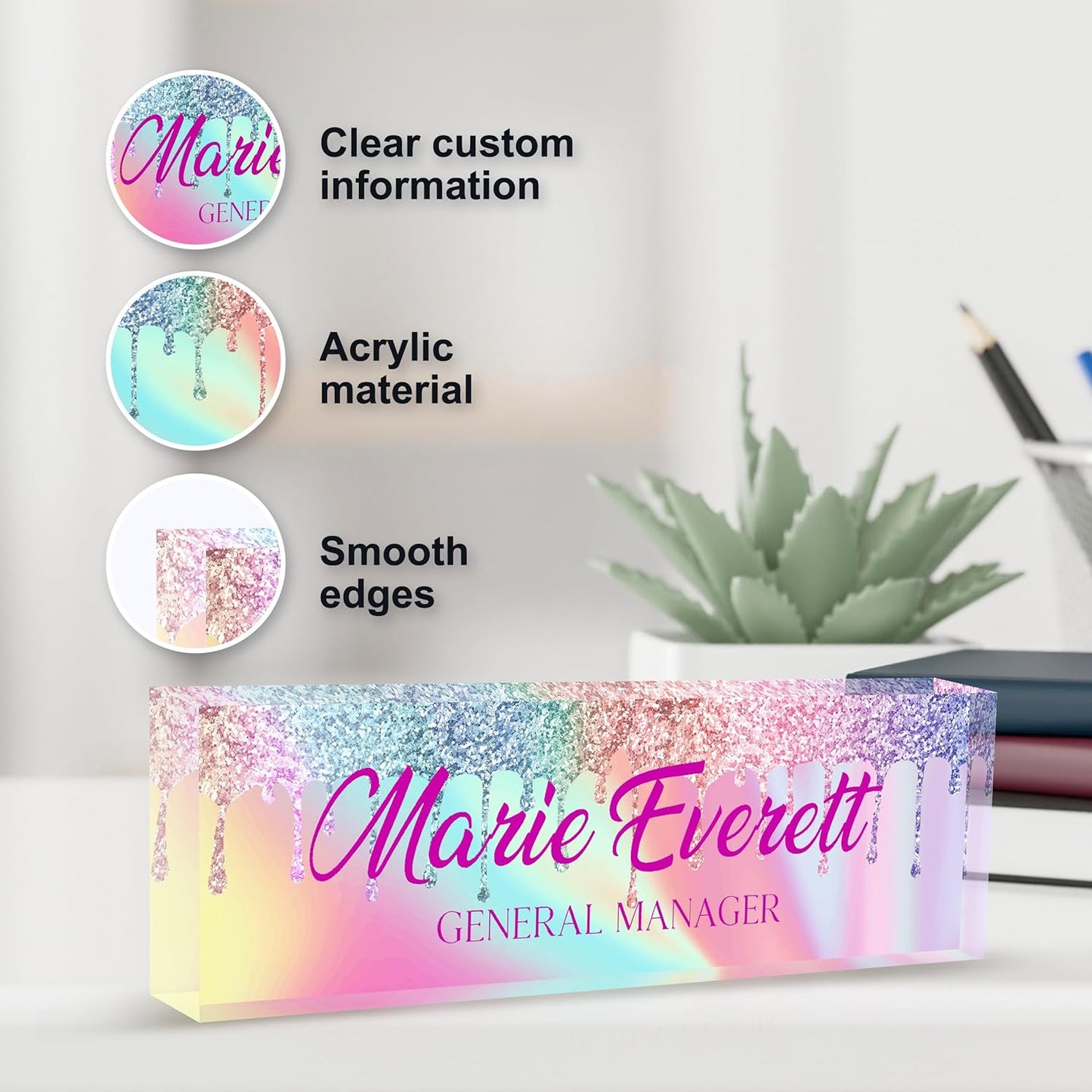 Personalized Name Plate for Desk, Custom Desk Name Plate, Acrylic Name Plate Office Desk Accessories, Personalized Office Gifts for Coworkers Teachers, Employee Appreciation Gifts (B-Colored Crystal)