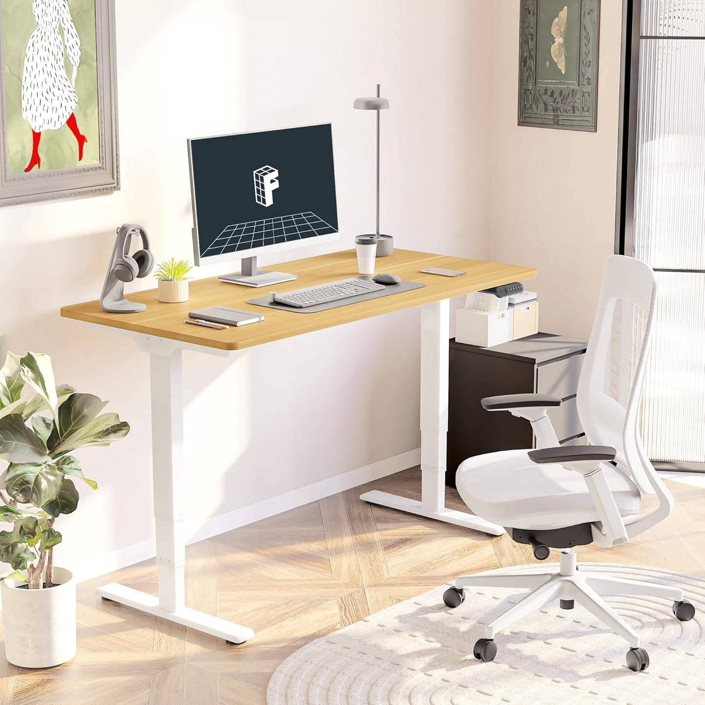 FLEXISPOT E6 Essential 3 Stages Dual Motor Electric Standing Desk 48x30 Inch Whole-Piece Board Height Adjustable Electric Sit Stand Desk(White Frame + Maple Desktop, 2 Packages)