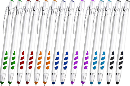 Stylus Pens - 2 in 1 Touch Screen & Writing Pen, Sensitive Stylus Tip - for Most Touchscreen Devices - Assorted Barrel Colors, Black Ink, 14 Pack