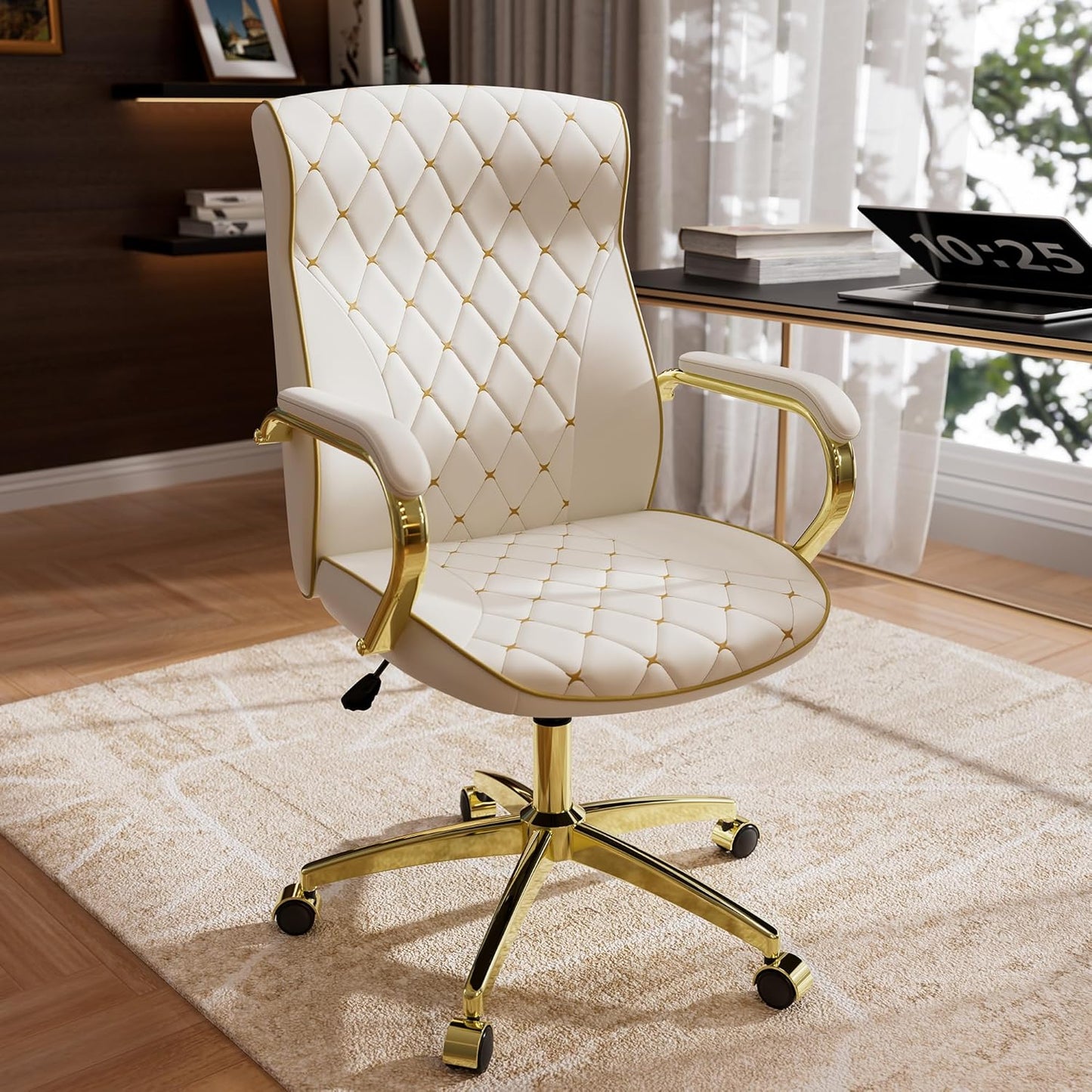 White and Gold Office Chair with Soft Leather Embroidery, Mid Back Vintage Swivel Executive Desk Chair with Wheels and Padded Arms, Adjustable Height