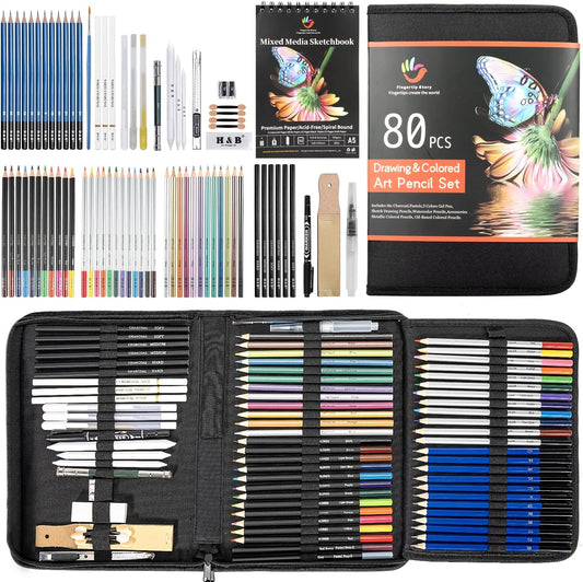 H & B 80-Pack Colored Sketching Art Pencil Set with 3-Color Sketchbook and Coloring Book - Includes Graphite, Watercolor, Metallic, and Oil-Based Colored Pencils