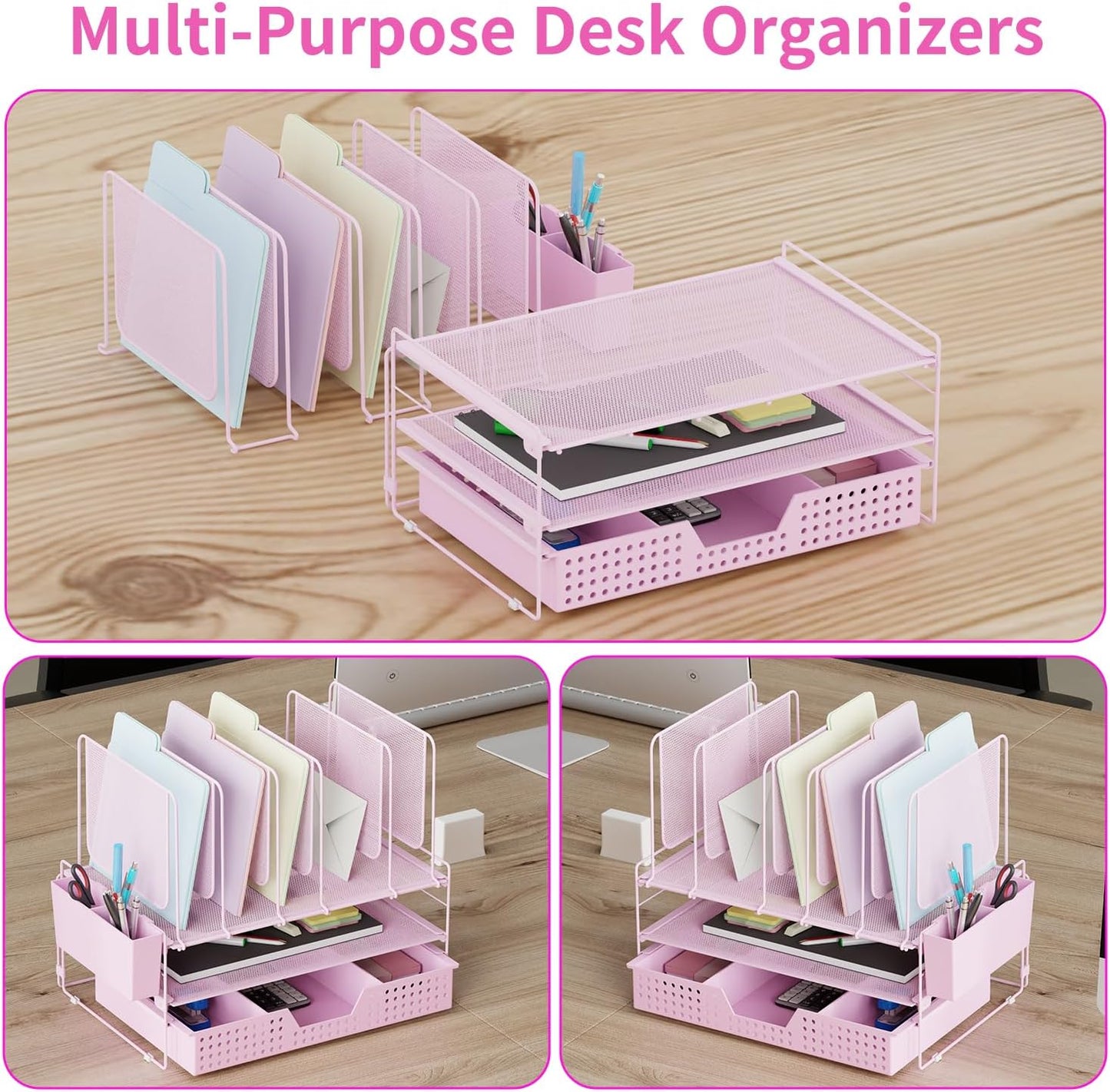Desk Organizer, Office Organization with Vertical File Holder, File Organizer with Drawer and Pen Holder, Desk Accessories and Workspace Organizers for Home Office (Pink)