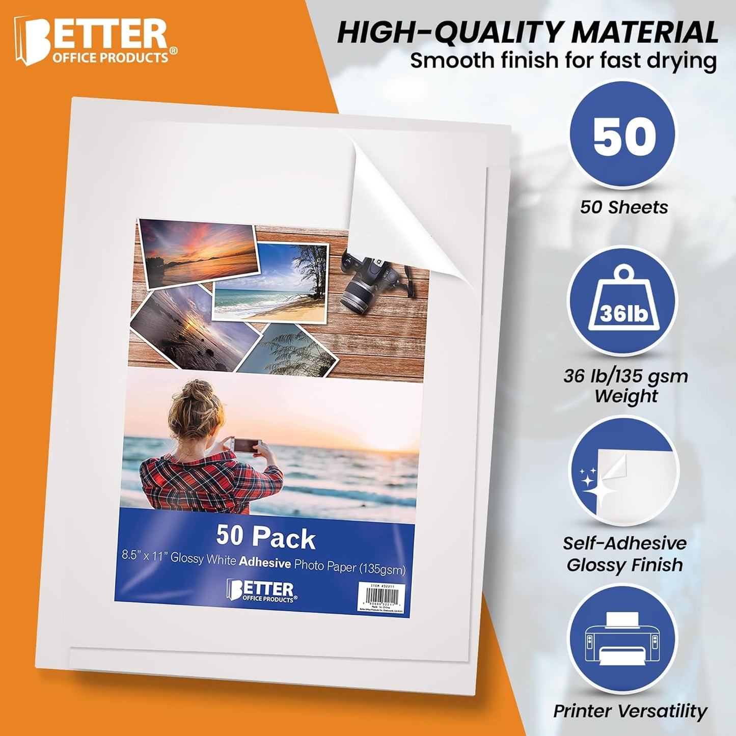 Better Office Products Self-Adhesive Photo Paper, Sticky Photo Paper, Glossy, 8.5 x 11 Inch, 50 Sheets, 135 gsm, Letter Size, 50-Count Pack