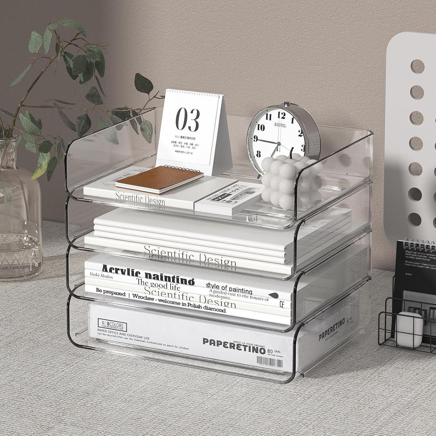 4-Tier Acrylic Paper Tray Organizer - Low-Profile Desk File Sorter for Office/Home, Clear Stackable Letter Tray for Bills, Crafts, Notebooks