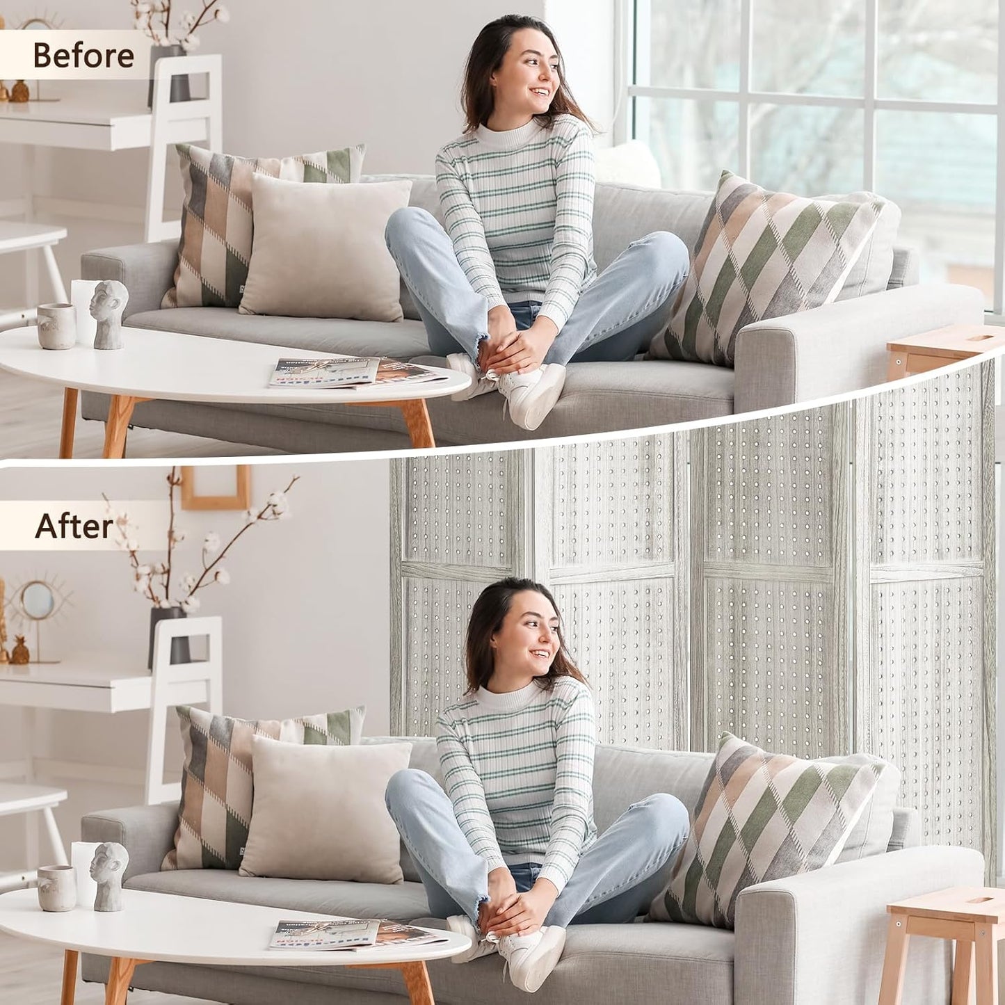 4 Panel Pegboard Display with 16 Hooks, Wooden Room Divider Wall and Folding Privacy Screens, Privacy Dividers for Rooms, Pegboard Room Divider, Jewelry Store, Retail Store, Bedroom, White