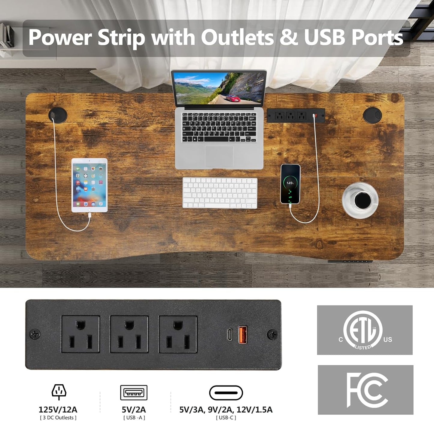 Electric Standing Desk 55 x 24 Inches Adjustable Height Ergonomic Sit Stand Up Desk Curved for Home Office Computer Workstation with 2 USB Ports 3 Power Outlets Memory Preset Wheels, Brown