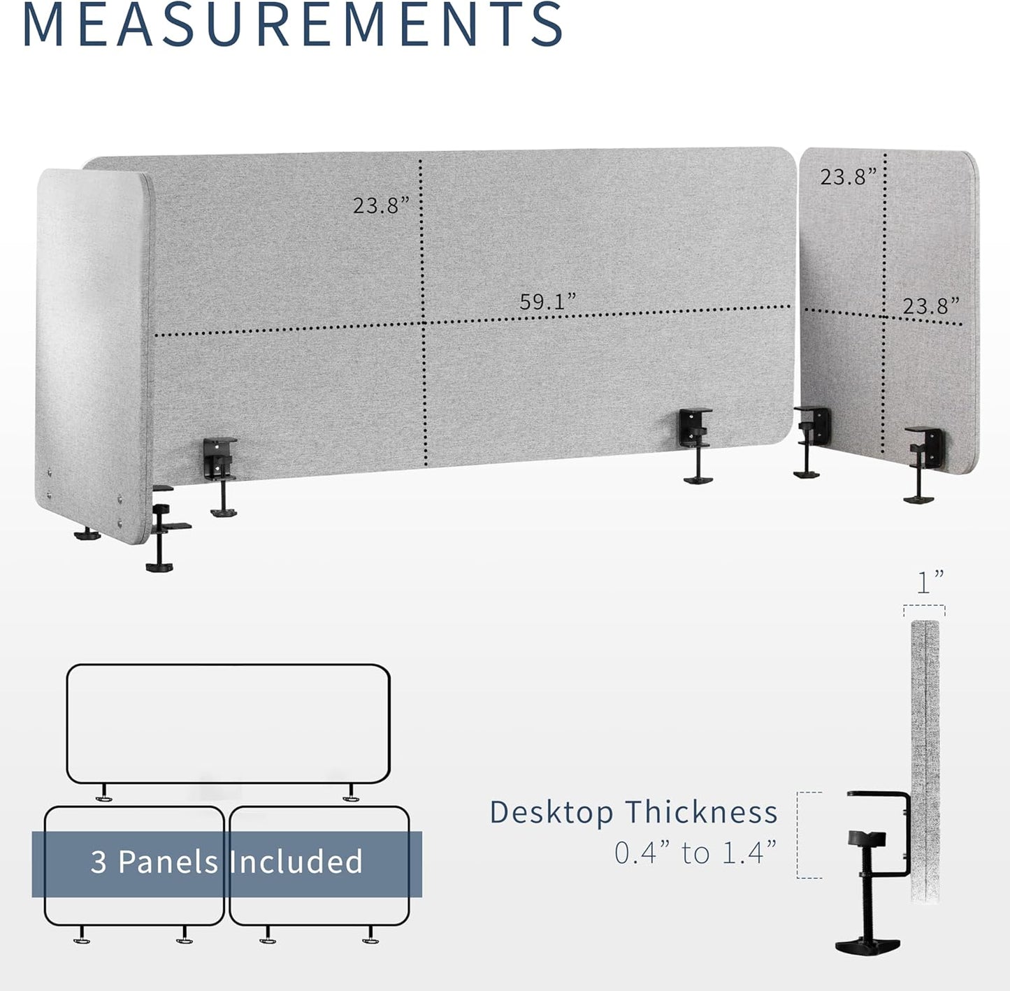VIVO Clamp-on Privacy Panels 60 x 24 inch (x1), 24 x 24 inch (x2), Sound Absorbing Cubicle Desk Dividers, 3 Acoustic Partitions, Gray, PP-3-V108G