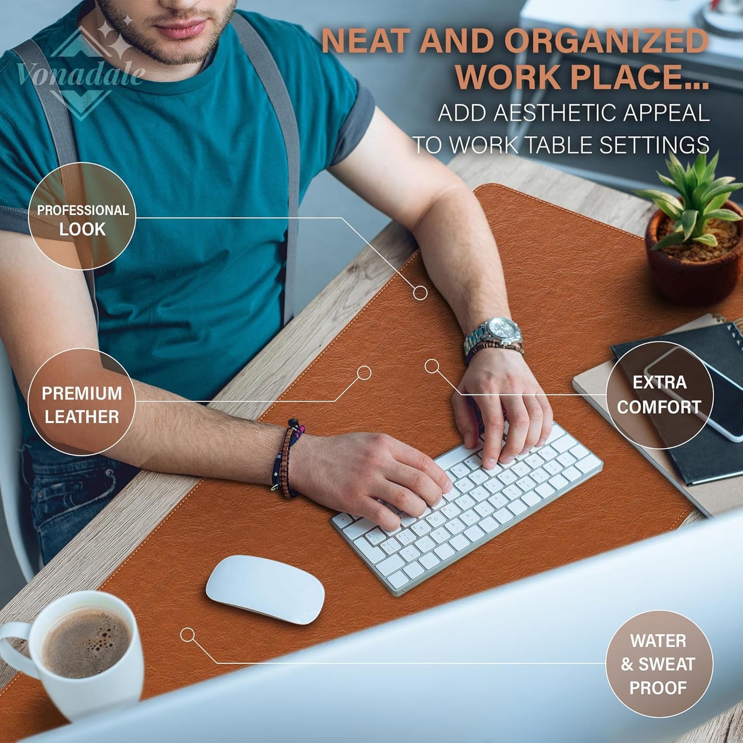 Leather Desk Pad Mat Cable Organizer, Office Desk Protection, Large Mouse Pad, Non-Slip PU Leather Desk Blotter, Computer Mats for Desktop, Waterproof (Whisky Brown, 35.0" x 16.9")