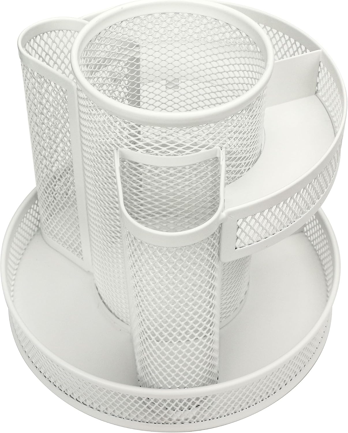Annova Mesh Desk Organizer Rotate with 6 Compartments Round Spinning Tidy Candy/Pen Holder Desk Accessories Office, Art Supply, Storage, Classroom, Home (White)