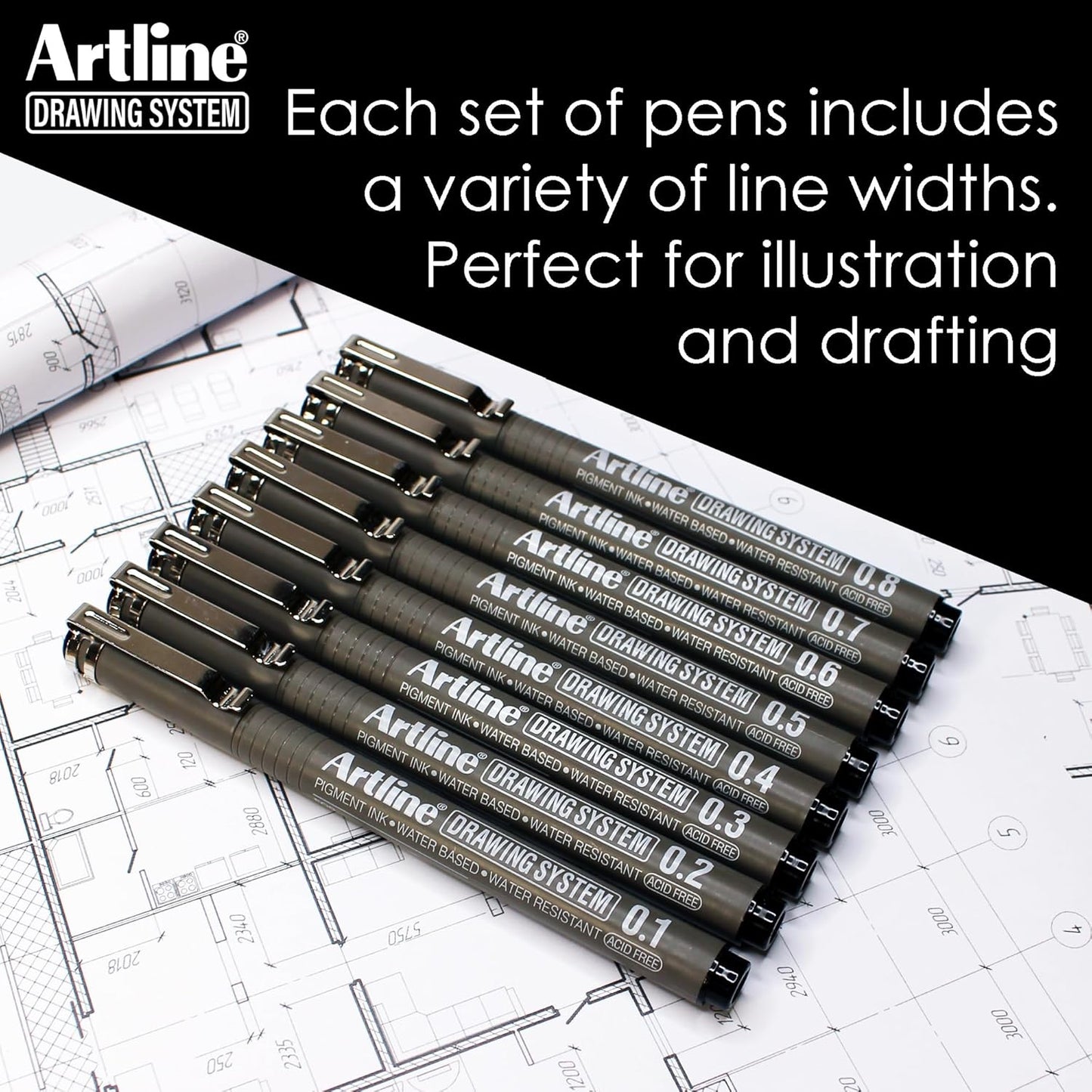 Artline 230 Drawing System Pens, Technical Drawing Pens For Drafting, Illustrating, and More, 0.2mm, 0.4mm, 0.6mm, and 0.8mm Fine Tips - Black, 4-Pack