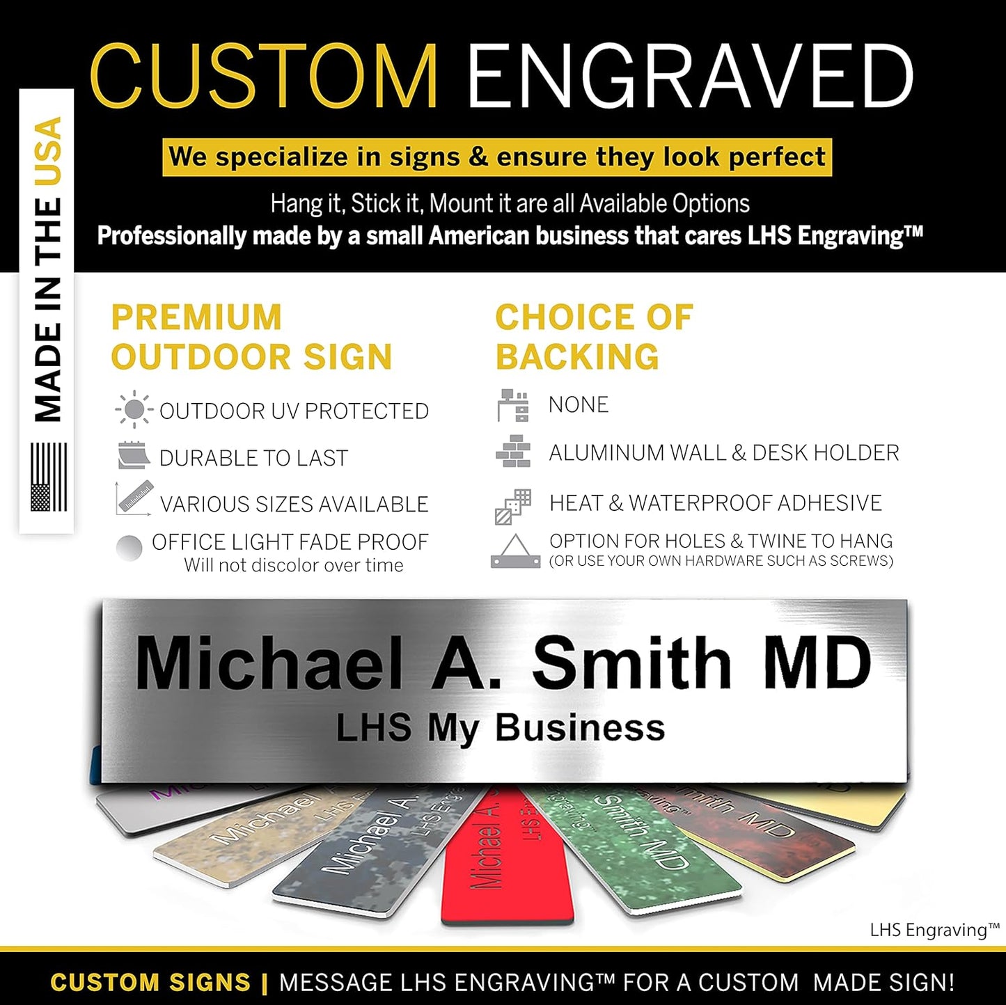 Door Name Plate Personalized for Office Brushed Steel Plastic Name Plate Black Letters - Made in USA 2x12 M1