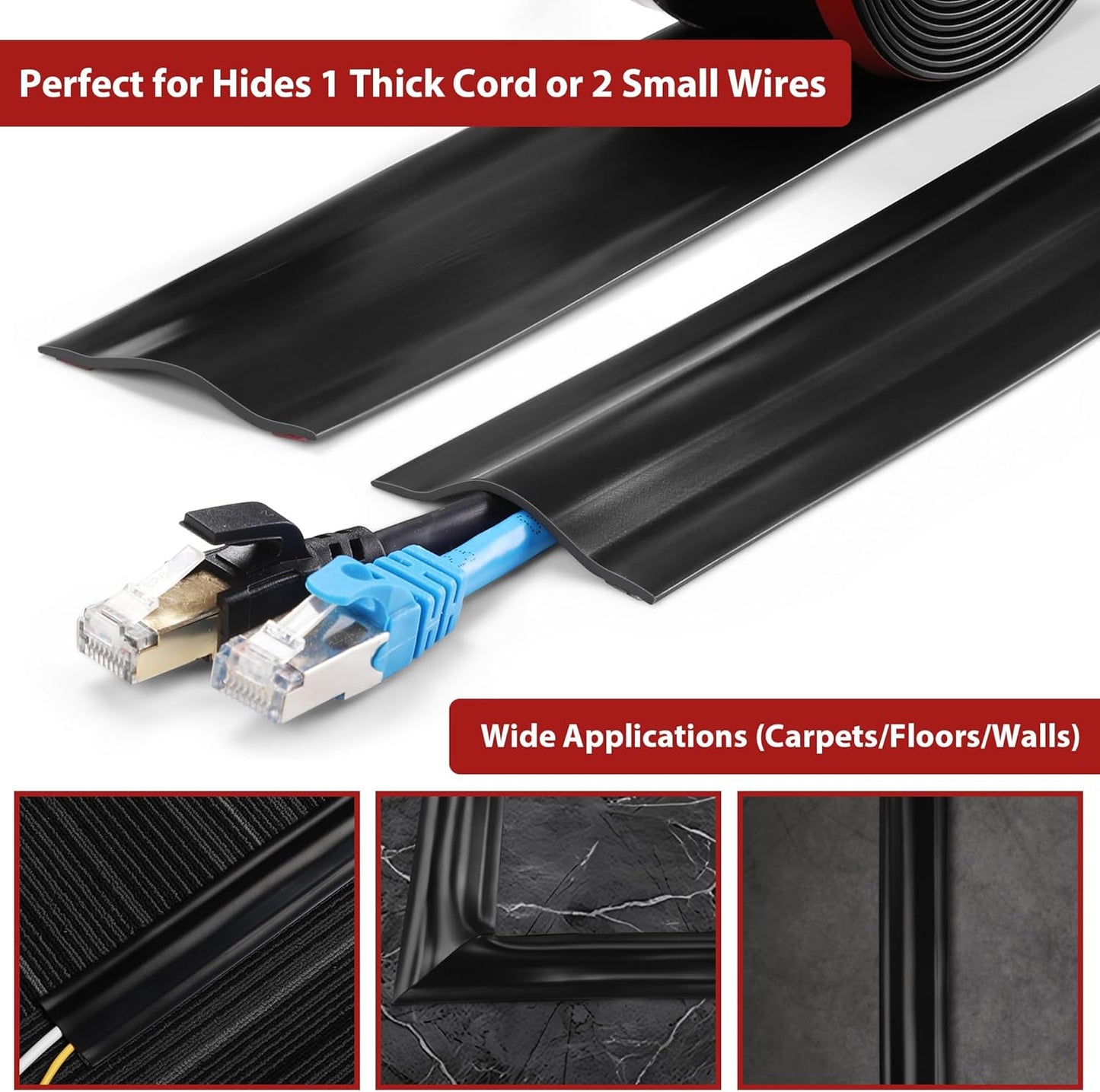 16.4ft Cord Cover Floor, Soft PVC Cord Covers for Wires on Floor, Self-Adhesive Floor Cable Cover Cord Hider, Floor Cable Management Cable Protector for Commercial Office Carpet/Floors/Wall White