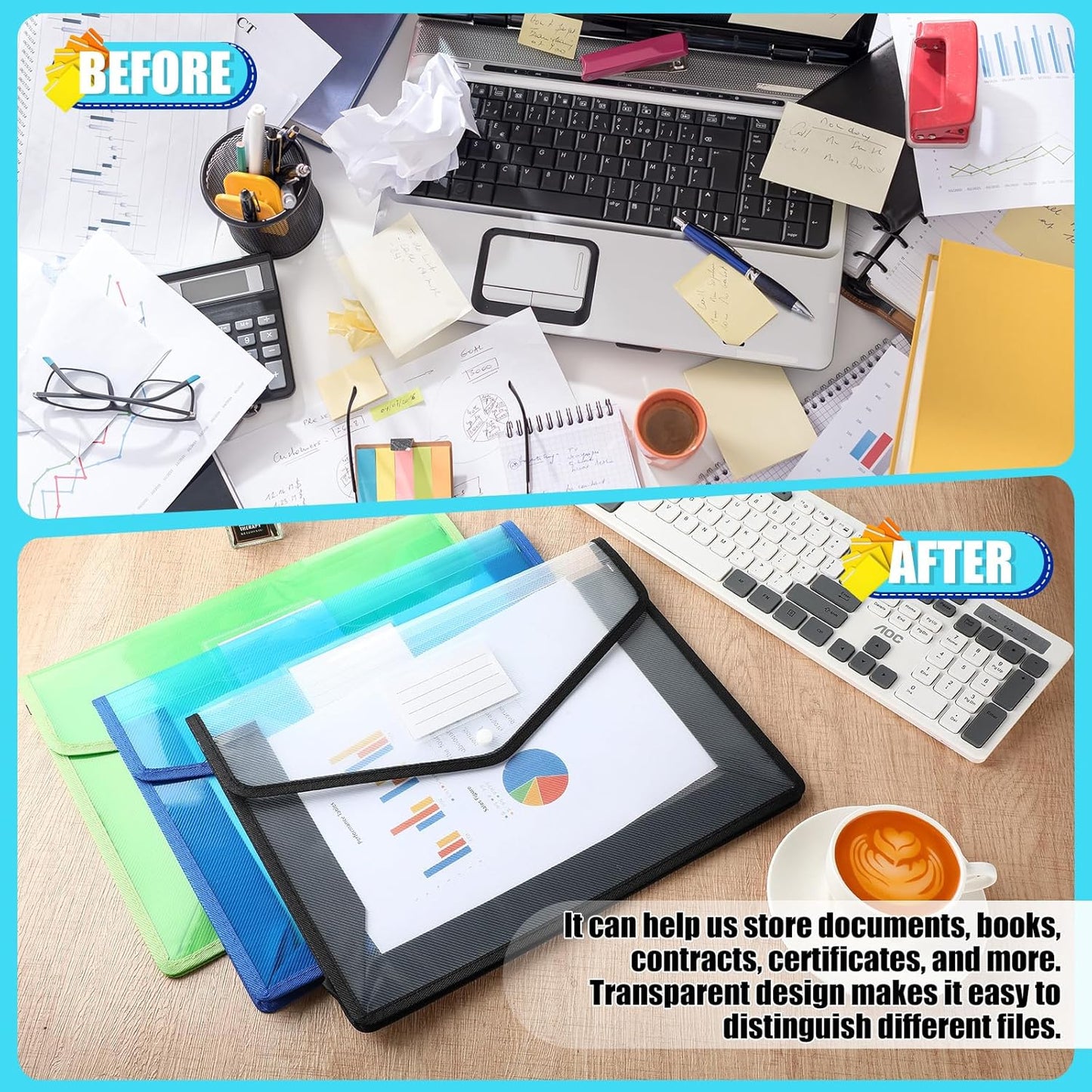 Epakh 3 Pack B4 Plastic Expanding File Folders Wallet for School Classroom Envelope File Folder Document Organizer Colorful Receipt Organizer with Snap Closure for Office (White Green Blue)