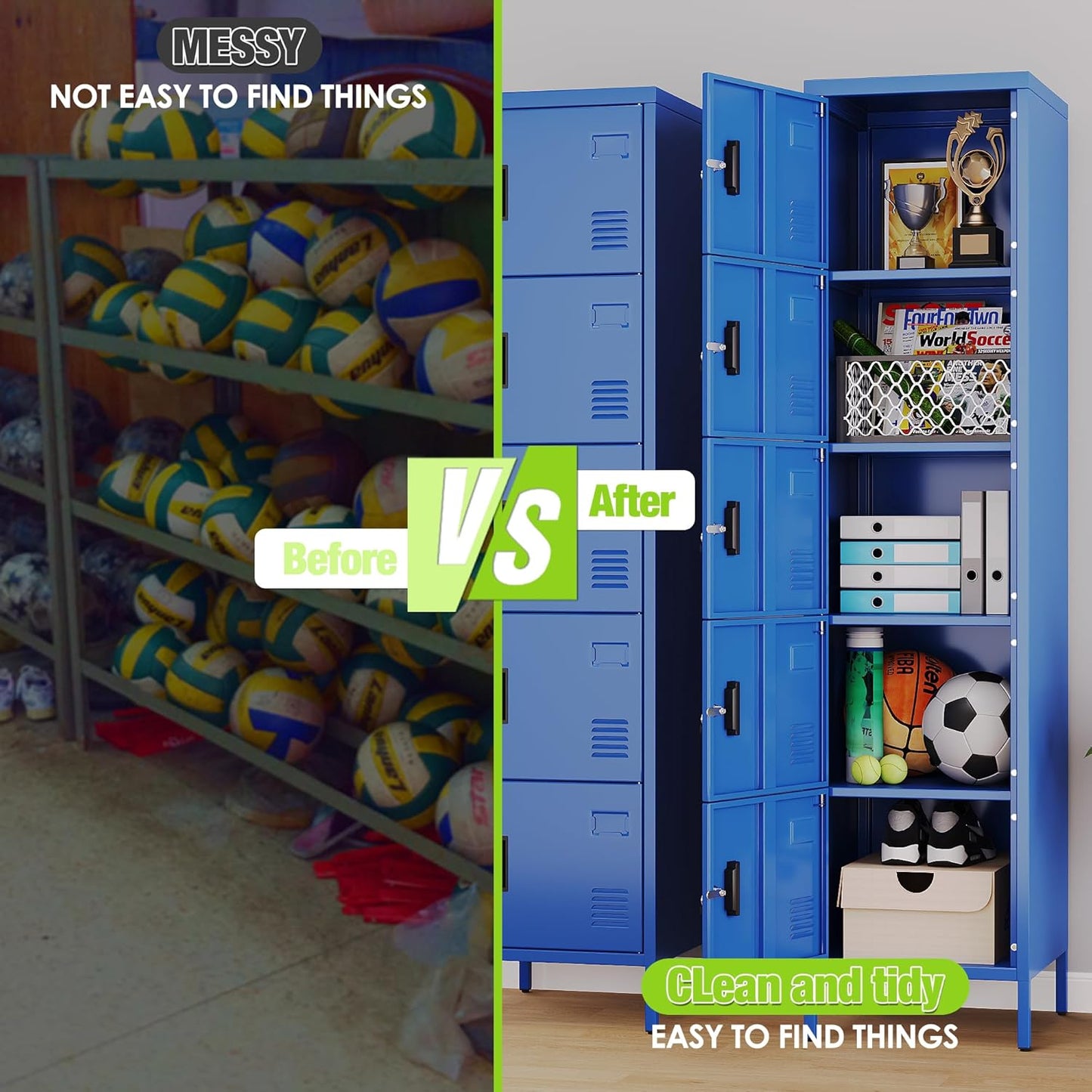 Aobabo 16" W 5 Door Metal Storage Locker with Lock, 66" H Steel Locker with Name Card Holder and Metal Leg for School, Home, Office, Playroom, Assembly Required, Blue