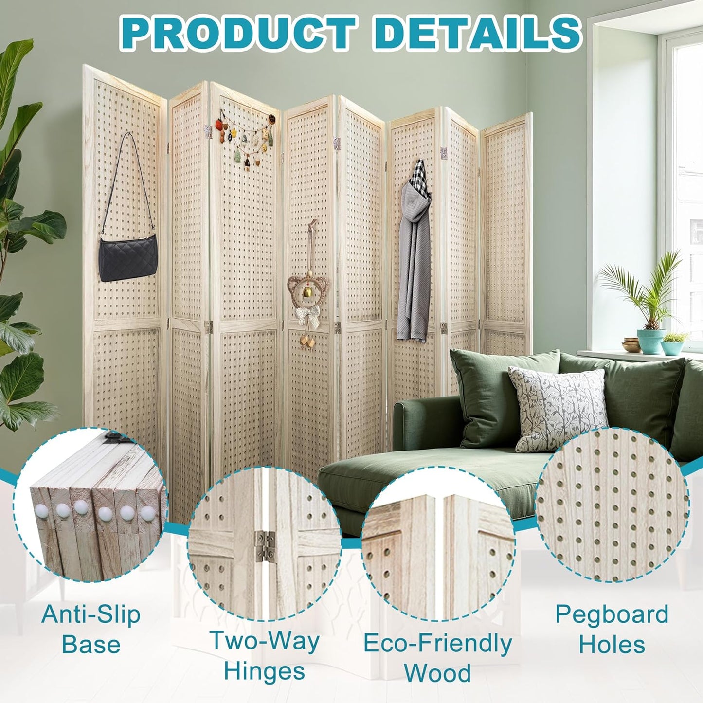 8 Panel Room Divider, 5.6FT Folding Room Divider Screen, Free Assembled Freestanding Partition for Home Office Bedroom, Tan