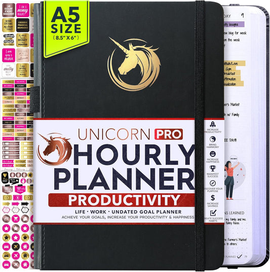 Hourly Planner - Undated Daily, Weekly & Monthly Planner with Budget Section | A 12 Month Journey to Increase Productivity & Happiness | Life Organizer & Gratitude Journal - Vertical Format