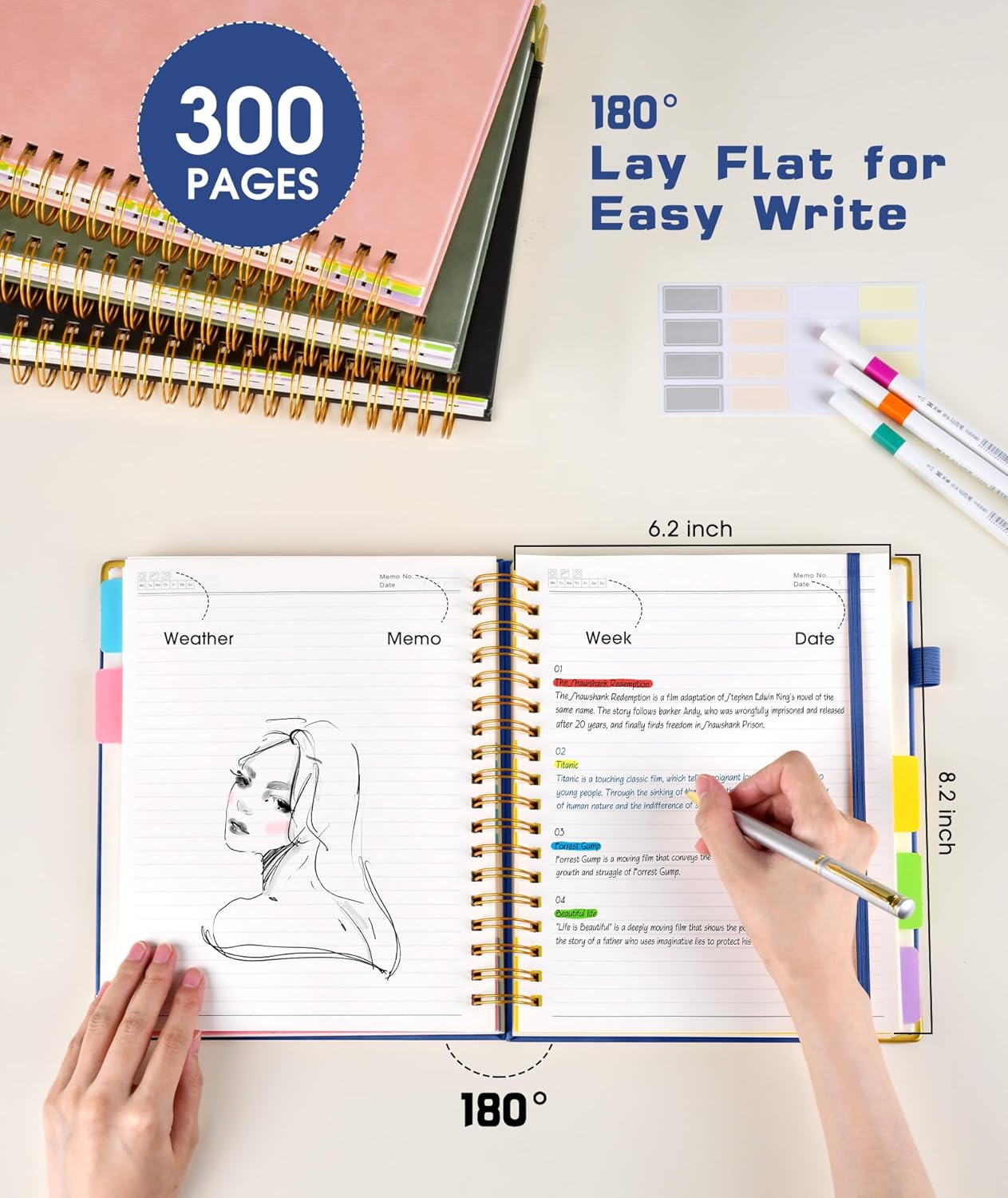 Hardcover Spiral Notebook journal with Removable Dividers Tabs, 300 Pages Leather 5 Subject Notebook College Ruled, 100GMS A5 Notebooks for Work School Note taking,Lined Journal for Women,A5 Navy