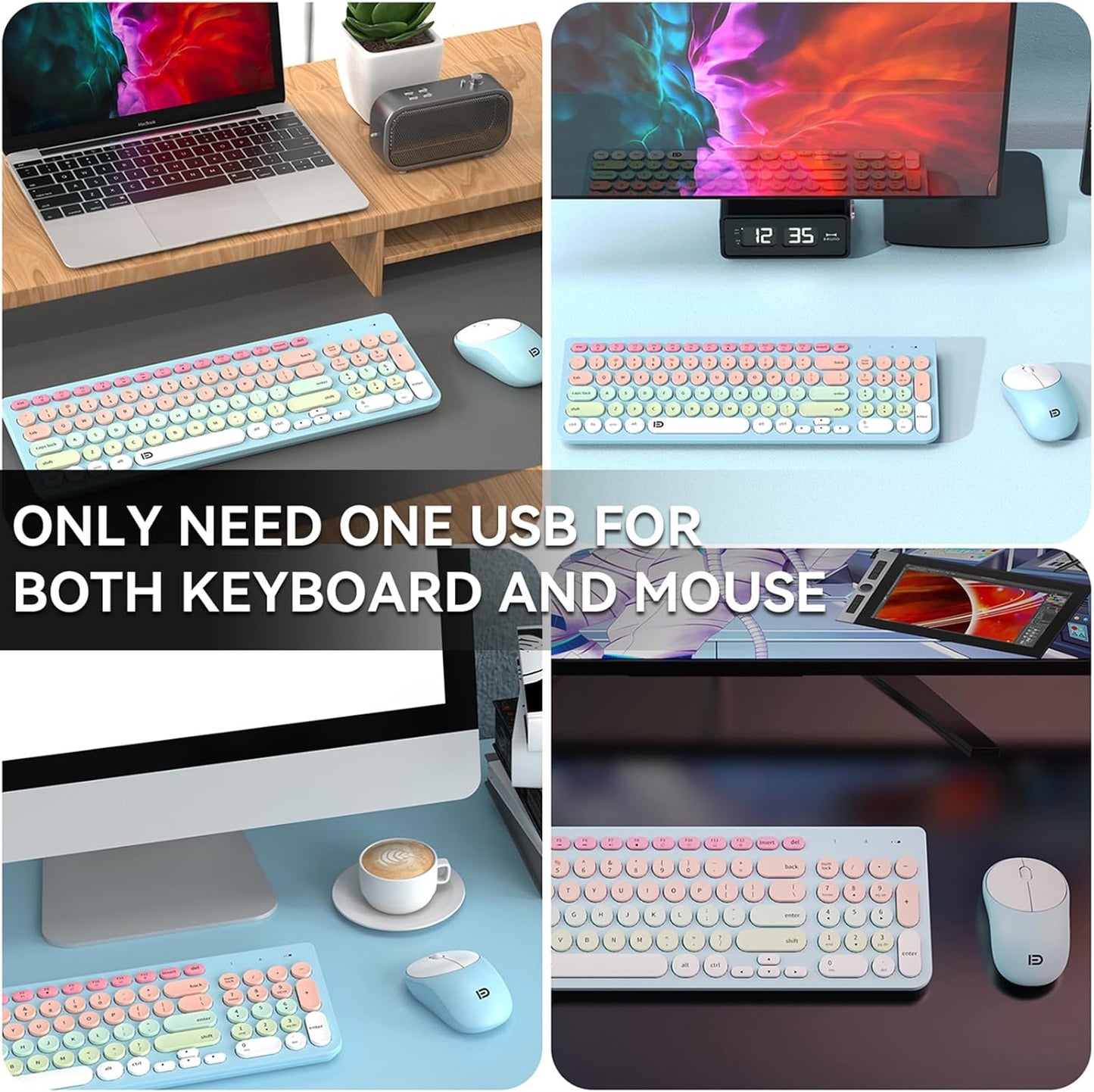 FD Wireless Keyboards and Mouse Combo - 2.4GHz USB Cordless, Cute Wireless Keyboard Round Keys, Quiet and Slim Set for Laptop, Computer, TV and Mac - Blue Pale Green Colorful