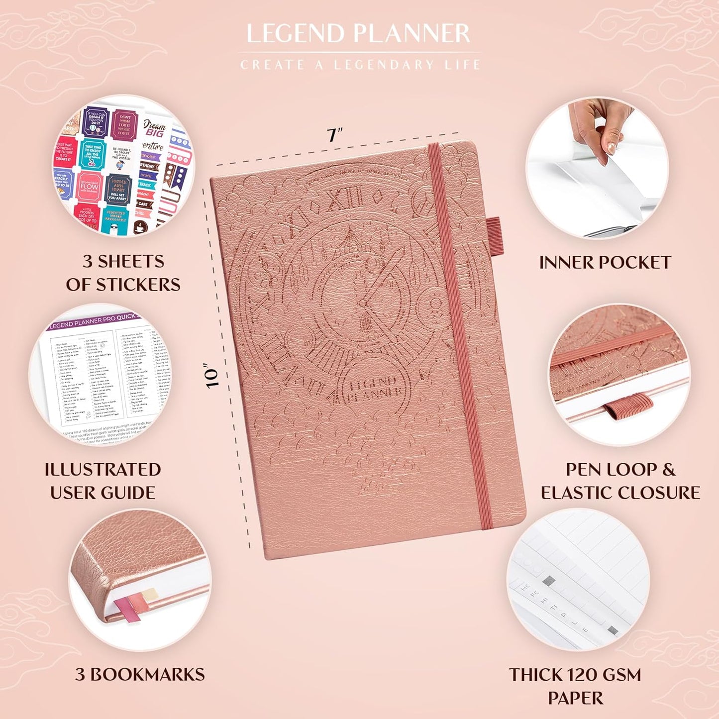 Legend Planner PRO – Deluxe Weekly & Monthly Life Planner to Increase Productivity and Hit Your Goals. Time Management Organizer Notebook – Undated – 7 x 10" Hardcover + Stickers – Rose Gold
