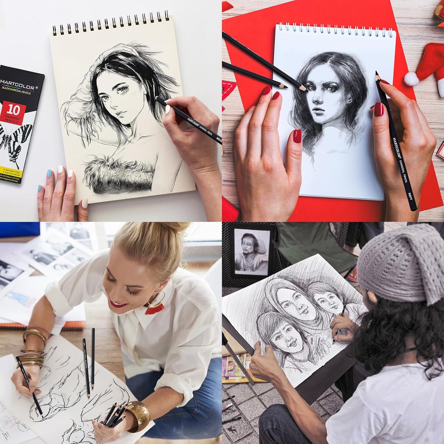 Charcoal Pencils for Drawing, 10 Pieces (S-Soft, Ex-Soft, Soft, Medium, & Hard) Black Charcoal Pencils for Sketching, Shading, Blending