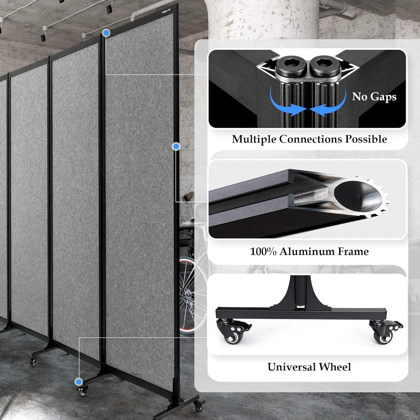 Upgrade Version Room Partition and Divider, Freestanding Rolling Dividers with Wheels,Office Privacy Screen Divider Wall,Classroom Felt Dividers,6'L* 6'7"H,3 Panel,Light Grey