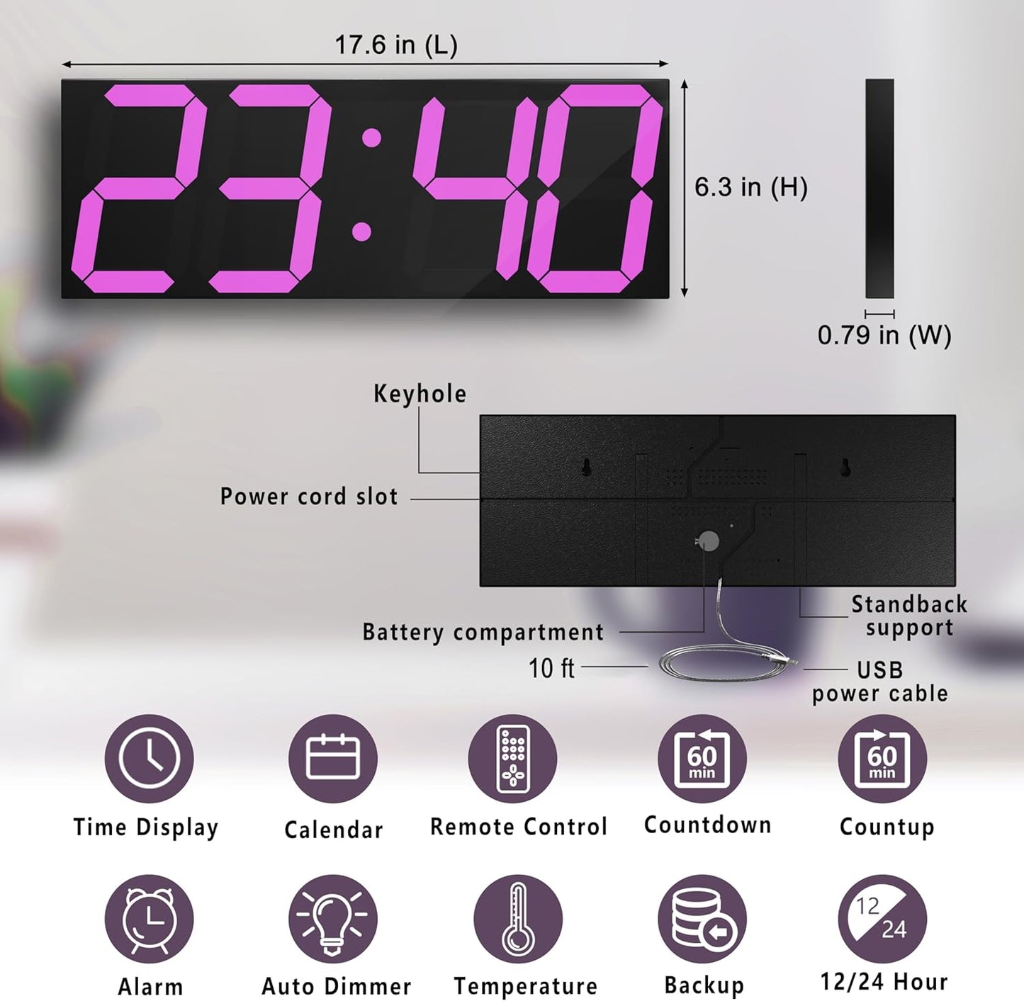 LED Large Digital Wall Clock, Oversize Wall Clock with 6” Numbers, Remote Control Count up/Countdown Timer Clock, Auto Dimmer, Big Calendar and Thermometer(Purple)
