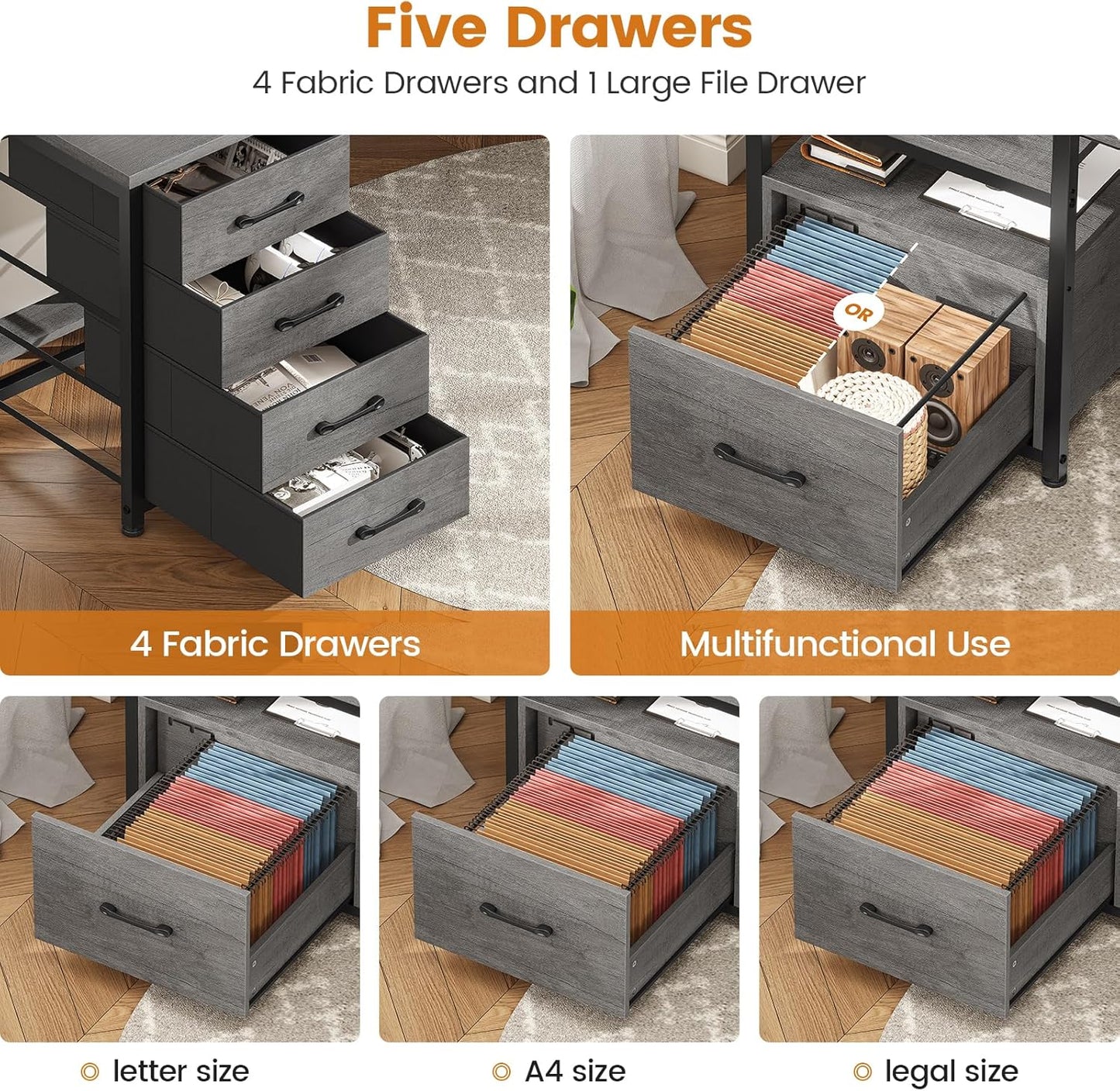 SEDETA 75'' Computer Desk with 5 Drawer, Power Outlet & Led Lights, Home Office Desk with File Drawer, Storage Shelves, Printer Cabinet and Monitor Shelf, 23.6" W Large Desktop Gaming Desk, Grey