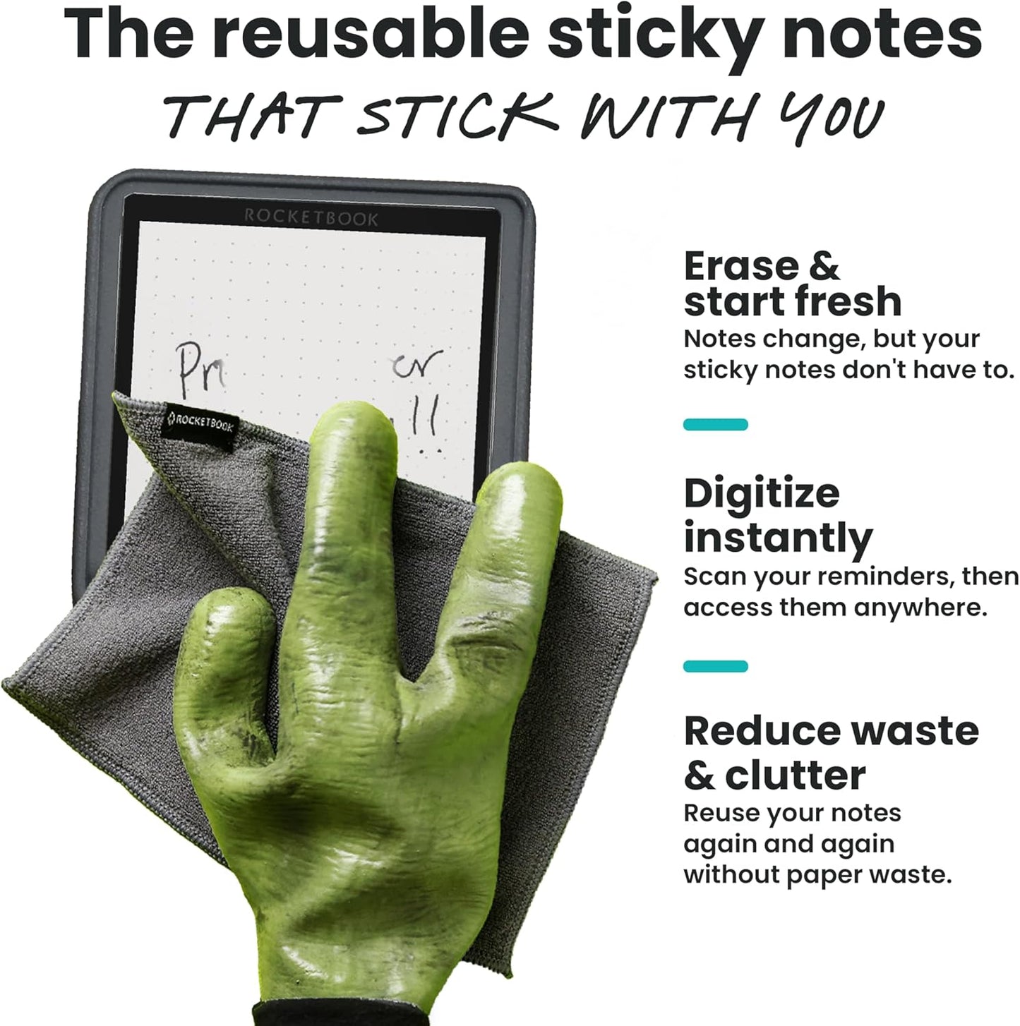 Rocketbook Reusable Sticky Notes Starter Pack with Storage Case, Pen, and Towel, 3"x3", 15 Black Notes - Dotted Paper, App-Connected, Erasable, Reusable Adhesive, Ideal for To-Do Lists
