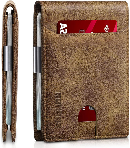 RUNBOX Slim Wallets for Men - Leather Money Clip Mens Wallet - RFID Blocking Front Pocket Bifold Wallet - Minimalist Credit Card Holder with Gift Box