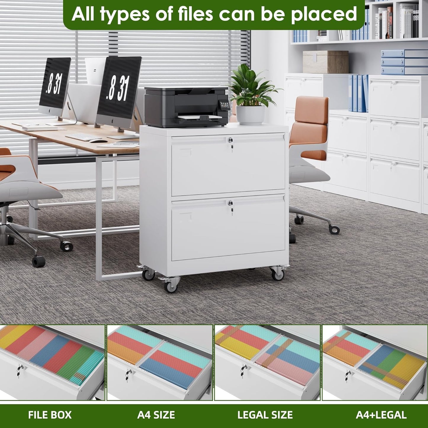 Aobabo 2 Drawer Wide File Cabinet with Wheels, Lockable Metal Filing Cabinet for Home Office, Legal/Letter Size,White,Required Assembled,15.87" D x 28.94" W x 34" H