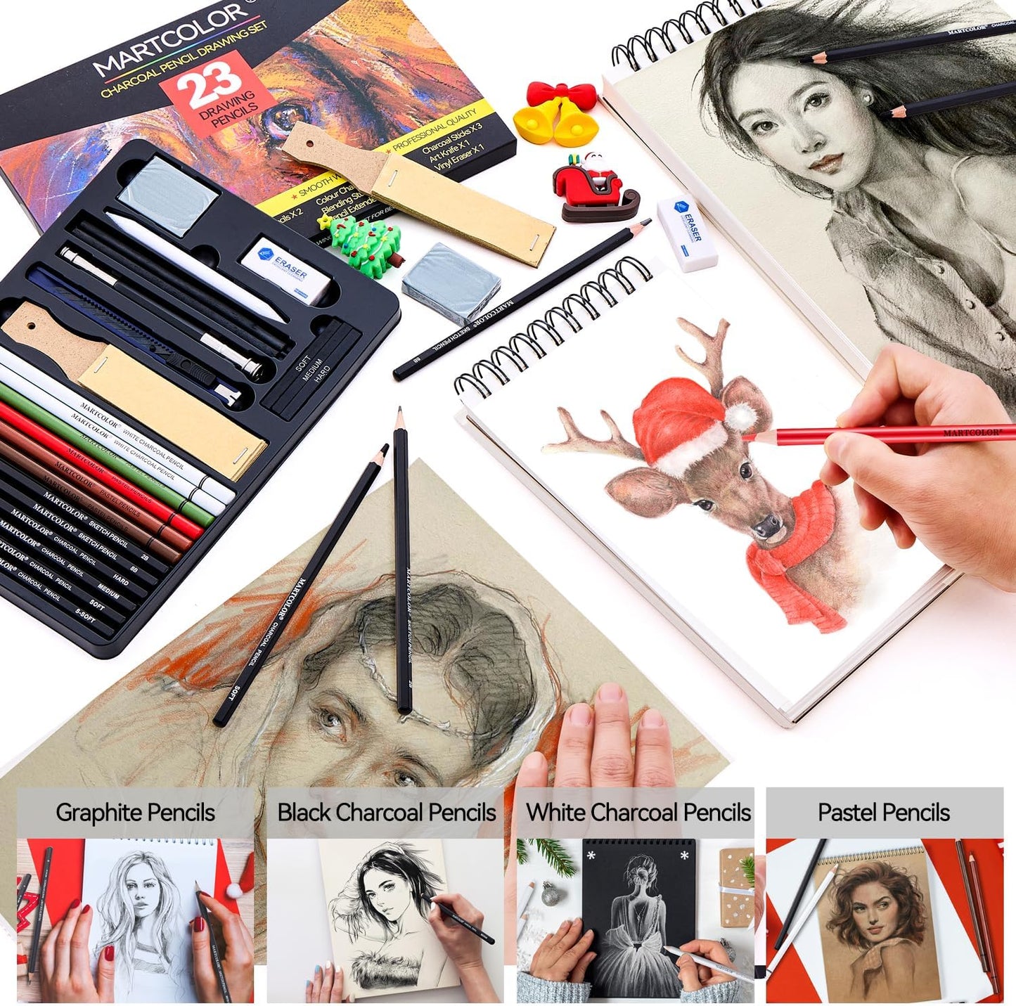 Charcoal Drawing Set, Set of 23, Graphite Pencils, Black & White Charcoal Pencils for Drawing, Sketching, Shading, Blending, Artist Pencils for Beginners & Pro Artists ﻿