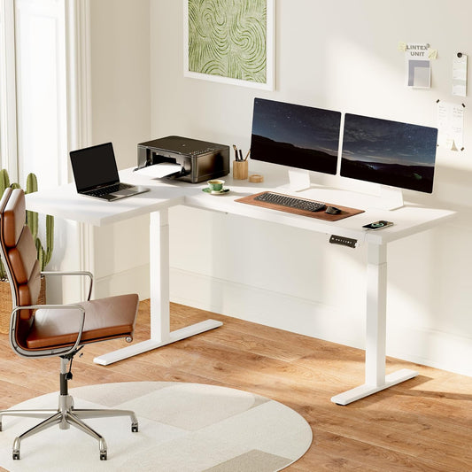 SANODESK 71-Inch Large Dual Motor L-Shaped Electric Height Adjustable Standing Desk - Reversible Panel - White Top/White Frame - Ideal for Gaming, Home Office or Computer Workstation